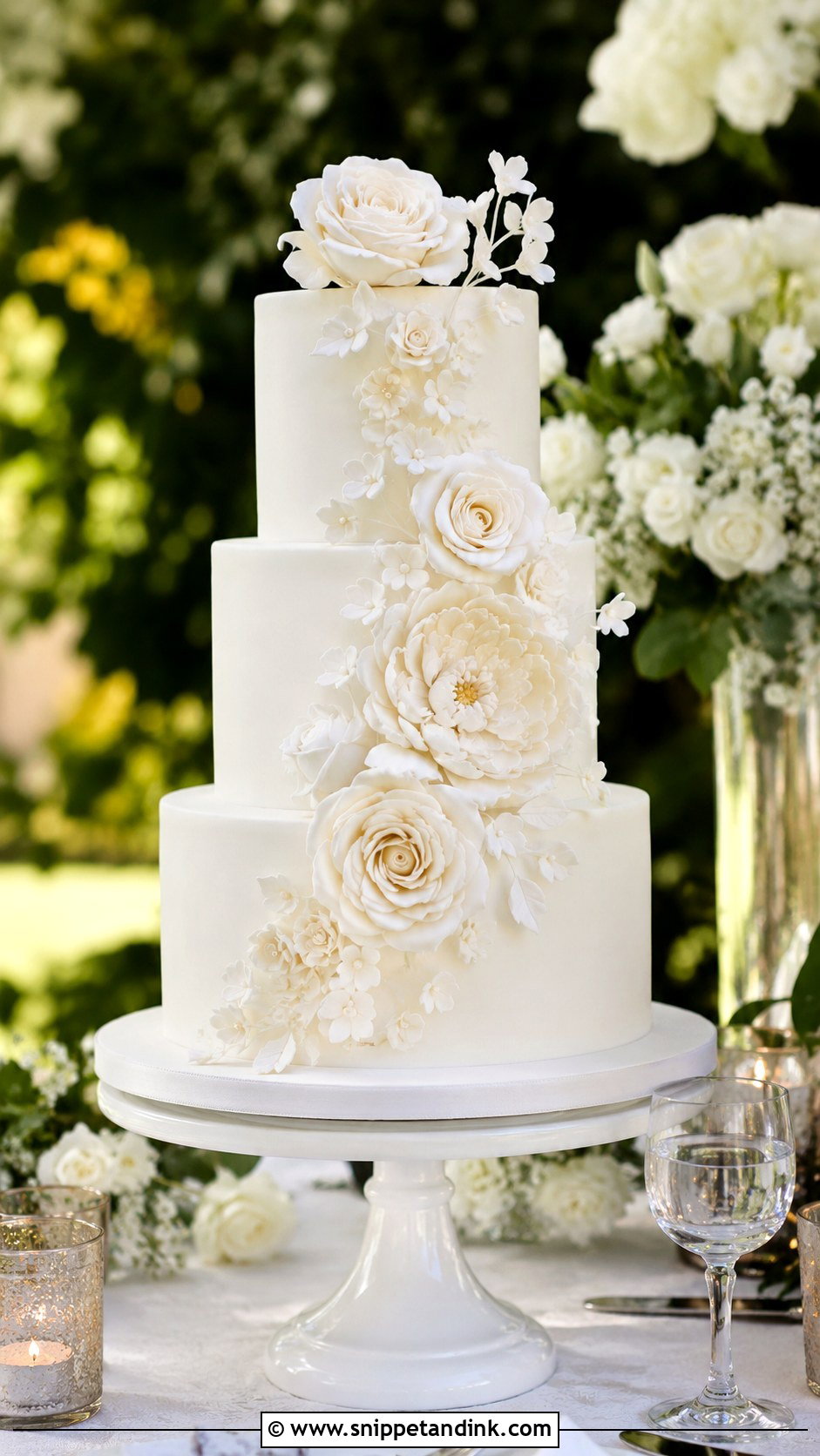 White Wedding Cake With Sugar Flowers - Snippet and Ink - 20 Plain White Wedding Cake Ideas