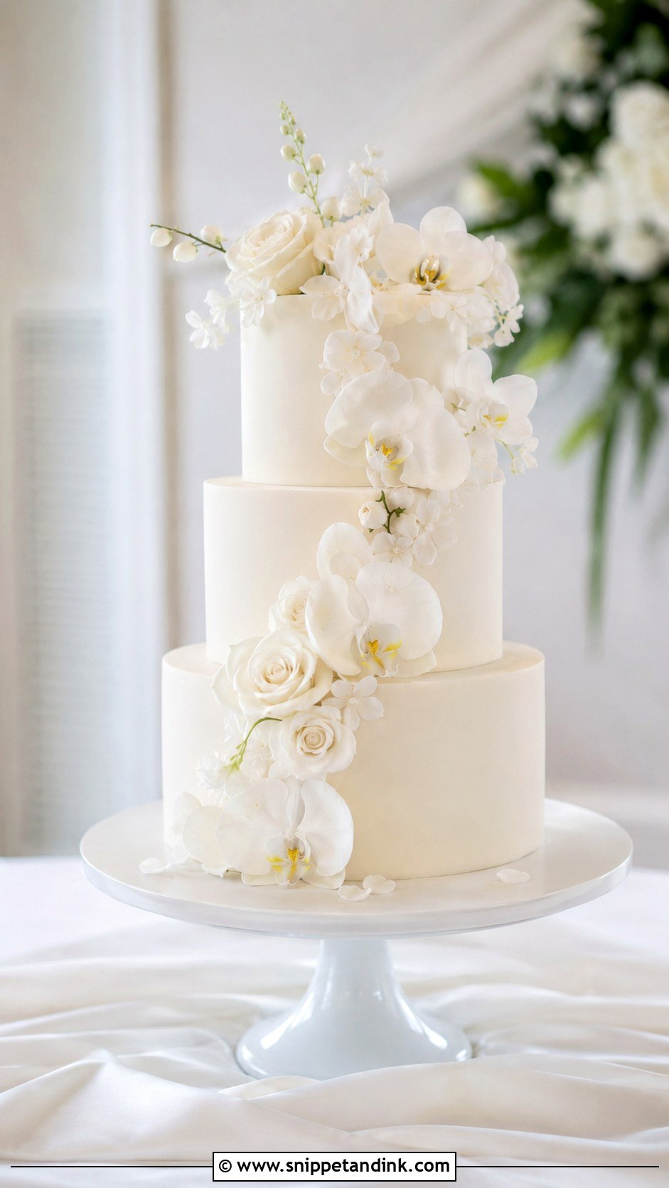 White Wedding Cake With Sugar Flowers - Snippet and Ink - 20 Minimal White Wedding Cake Ideas
