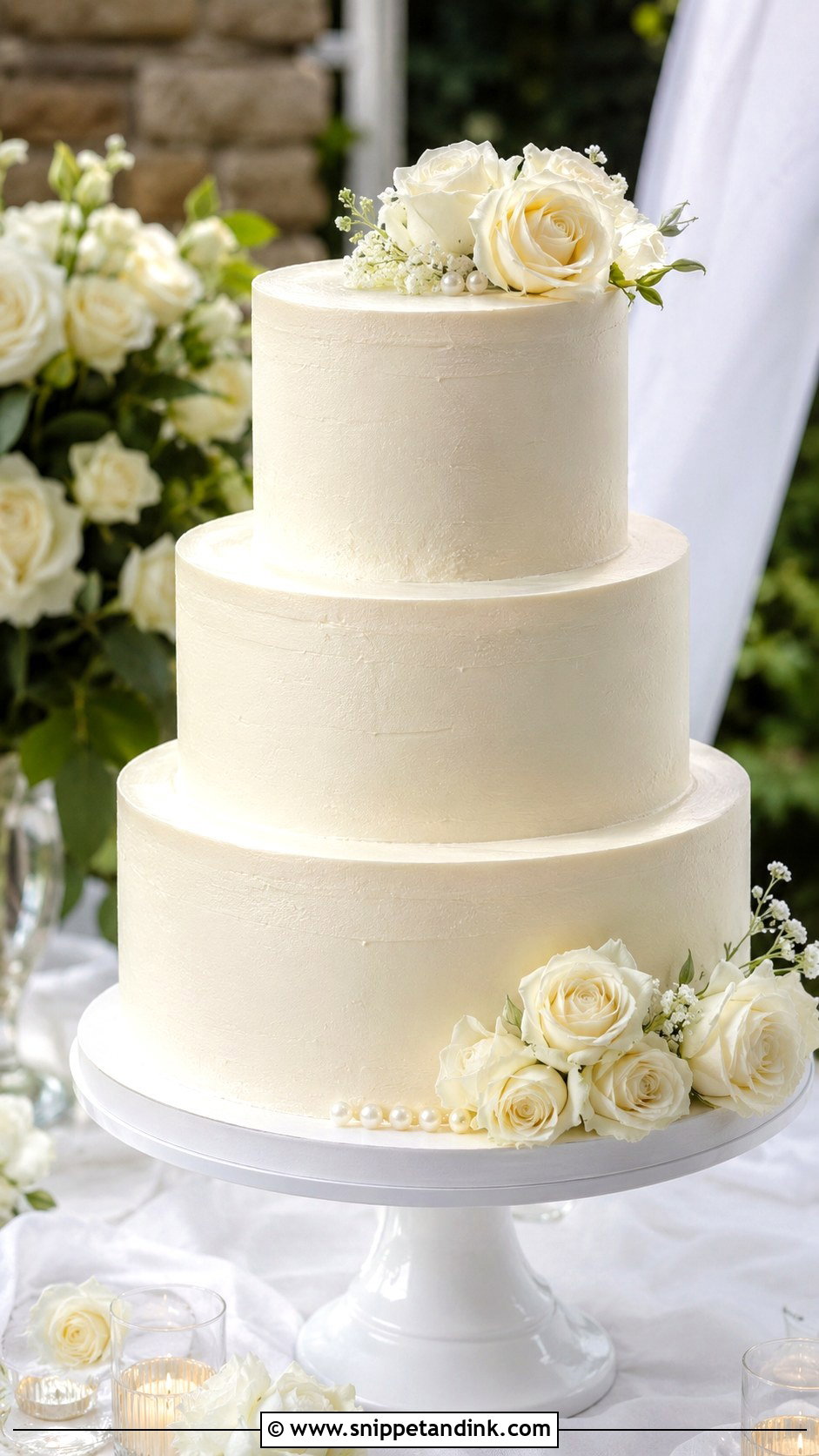 White Wedding Cake With White Roses - Snippet and Ink - 20 Minimal White Wedding Cake Ideas
