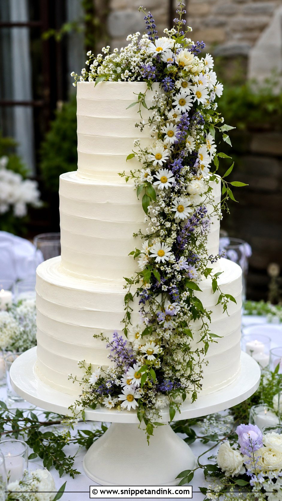 White Wedding Cake With Wildflower Cascade - Snippet and Ink - 20 White Wedding Cake Ideas with Wildflowers