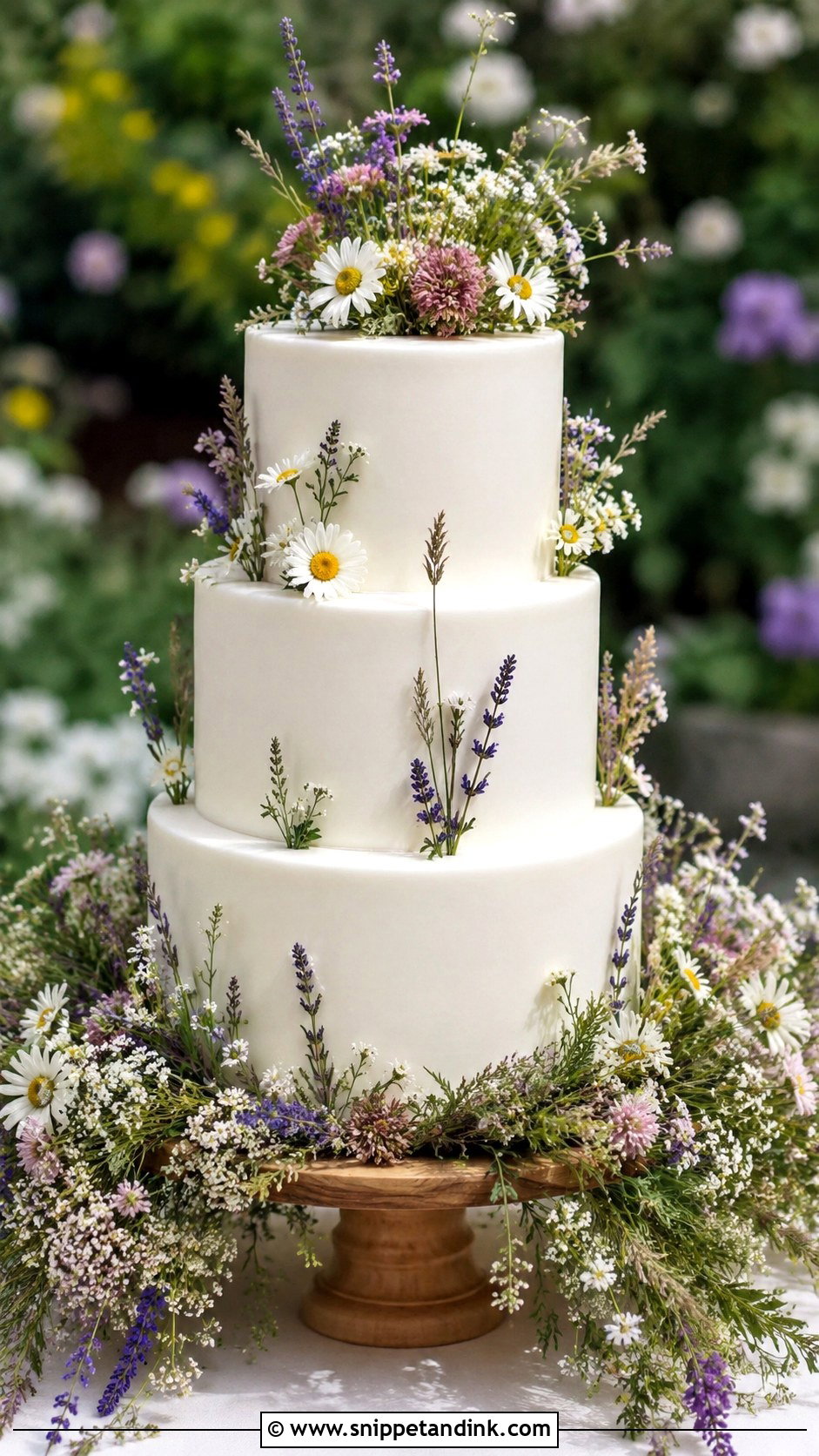 White Wedding Cake With Wildflower Meadow - Snippet and Ink - 20 White Wedding Cake Ideas with Wildflowers