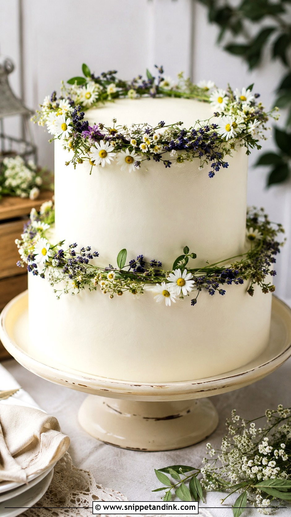 White Wedding Cake With Wildflower Wreath - Snippet and Ink - 20 White Wedding Cake Ideas with Wildflowers