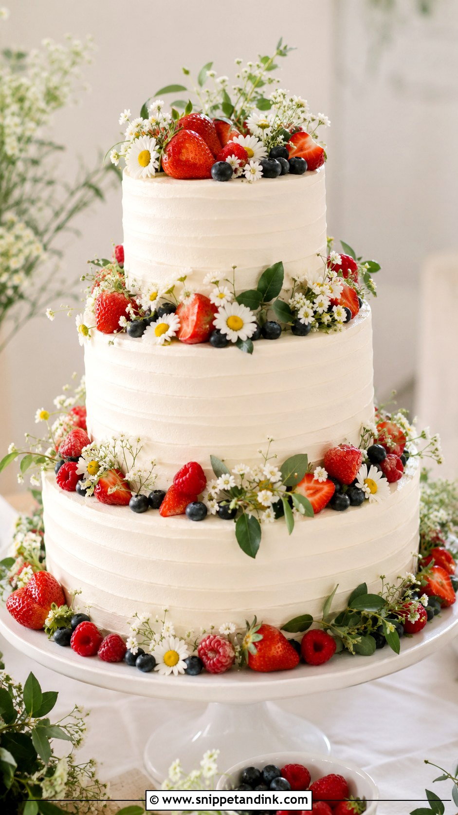 White Wedding Cake With Wildflowers And Fresh Berries - Snippet and Ink - 20 White Wedding Cake Ideas with Wildflowers