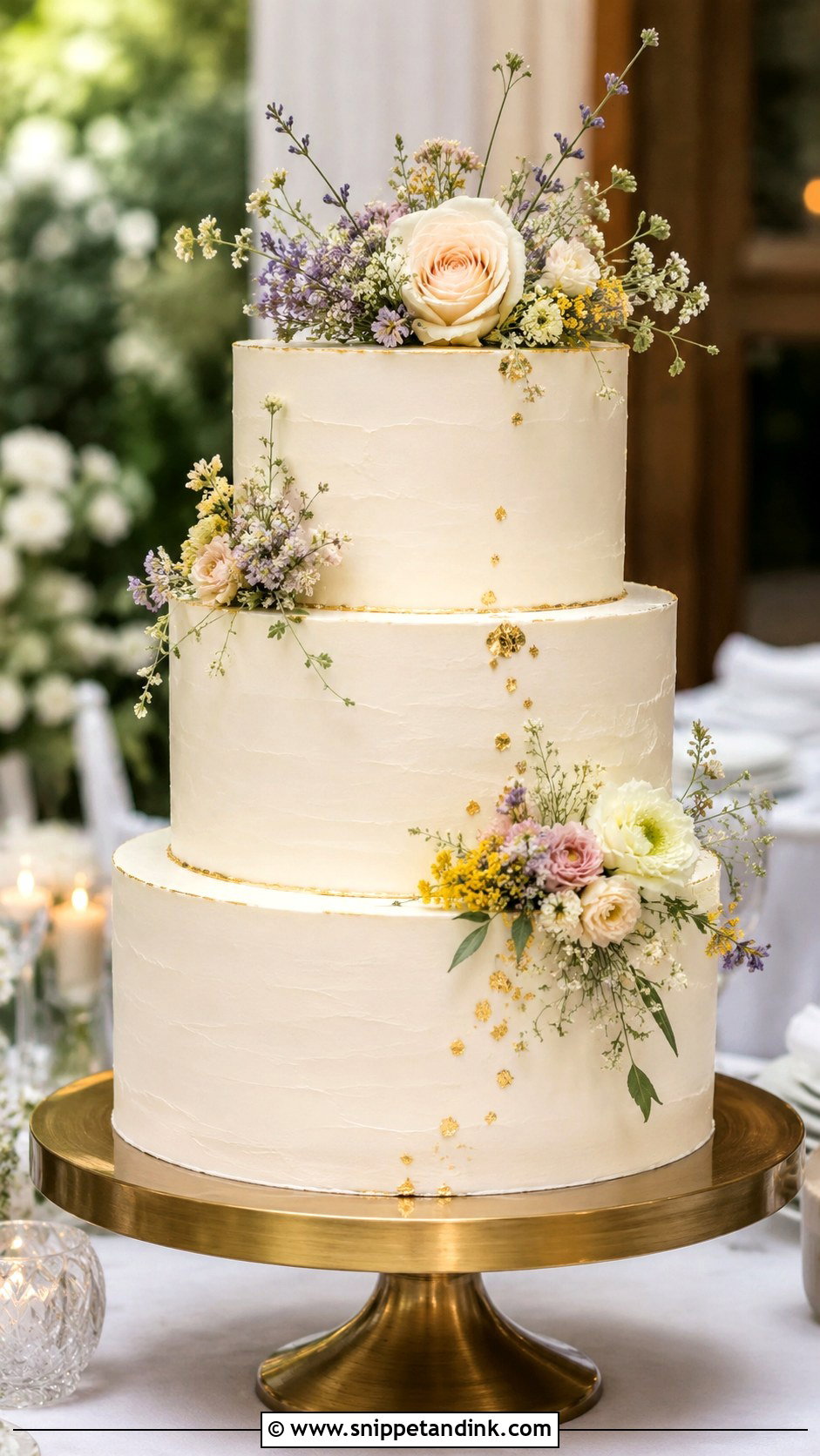 White Wedding Cake With Wildflowers And Gold - Snippet and Ink - 20 White Wedding Cake Ideas with Wildflowers