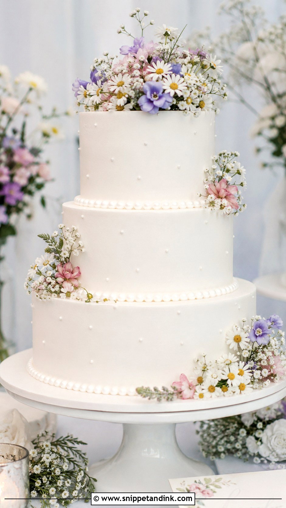 White Wedding Cake With Wildflowers And Pearls - Snippet and Ink - 20 White Wedding Cake Ideas with Wildflowers