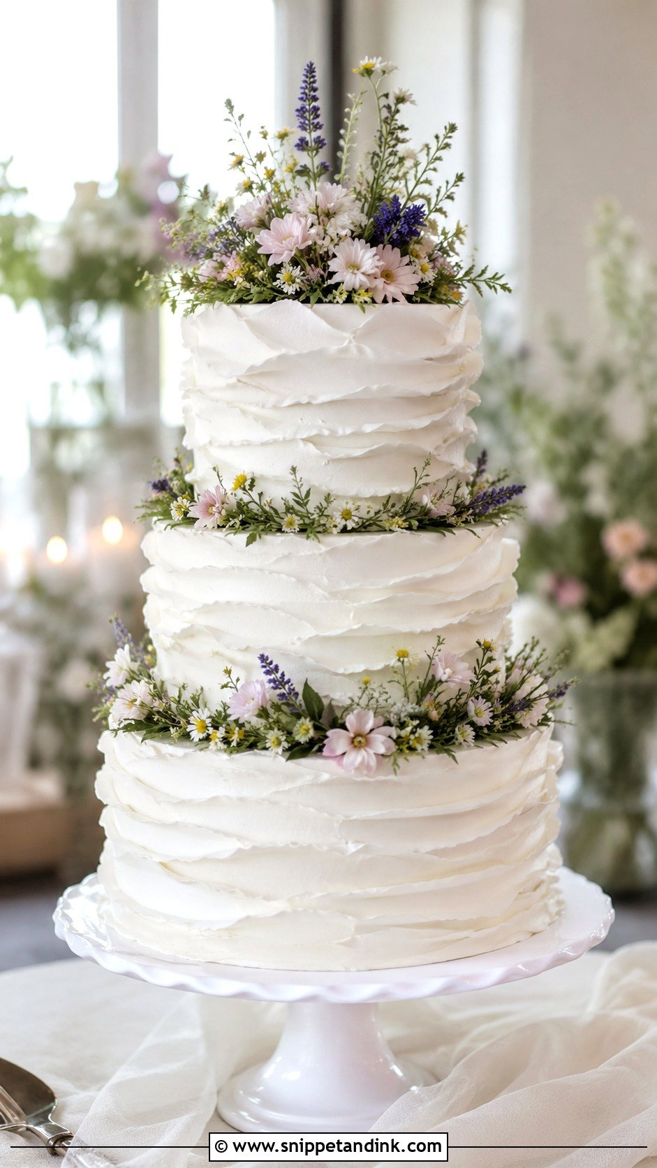 White Wedding Cake With Wildflowers And Ruffles - Snippet and Ink - 20 White Wedding Cake Ideas with Wildflowers