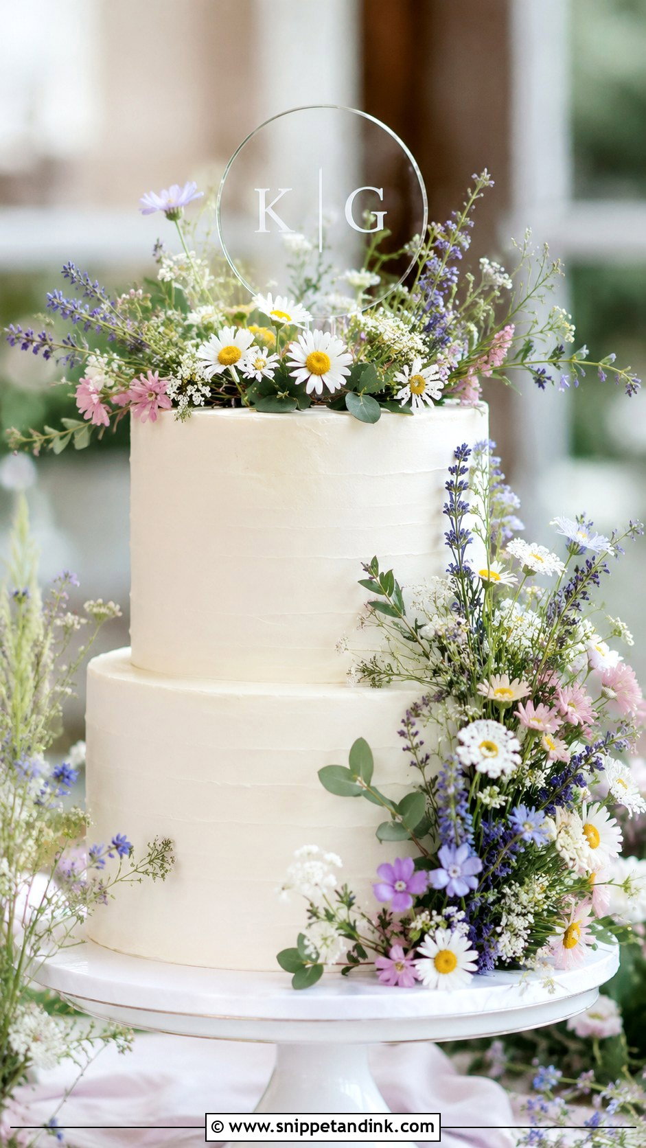 White Wedding Cake With Wildflowers And Simple Topper - Snippet and Ink - 20 White Wedding Cake Ideas with Wildflowers