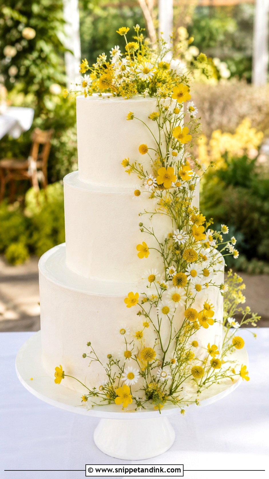 White Wedding Cake With Yellow Wildflowers - Snippet and Ink - 20 White Wedding Cake Ideas with Wildflowers