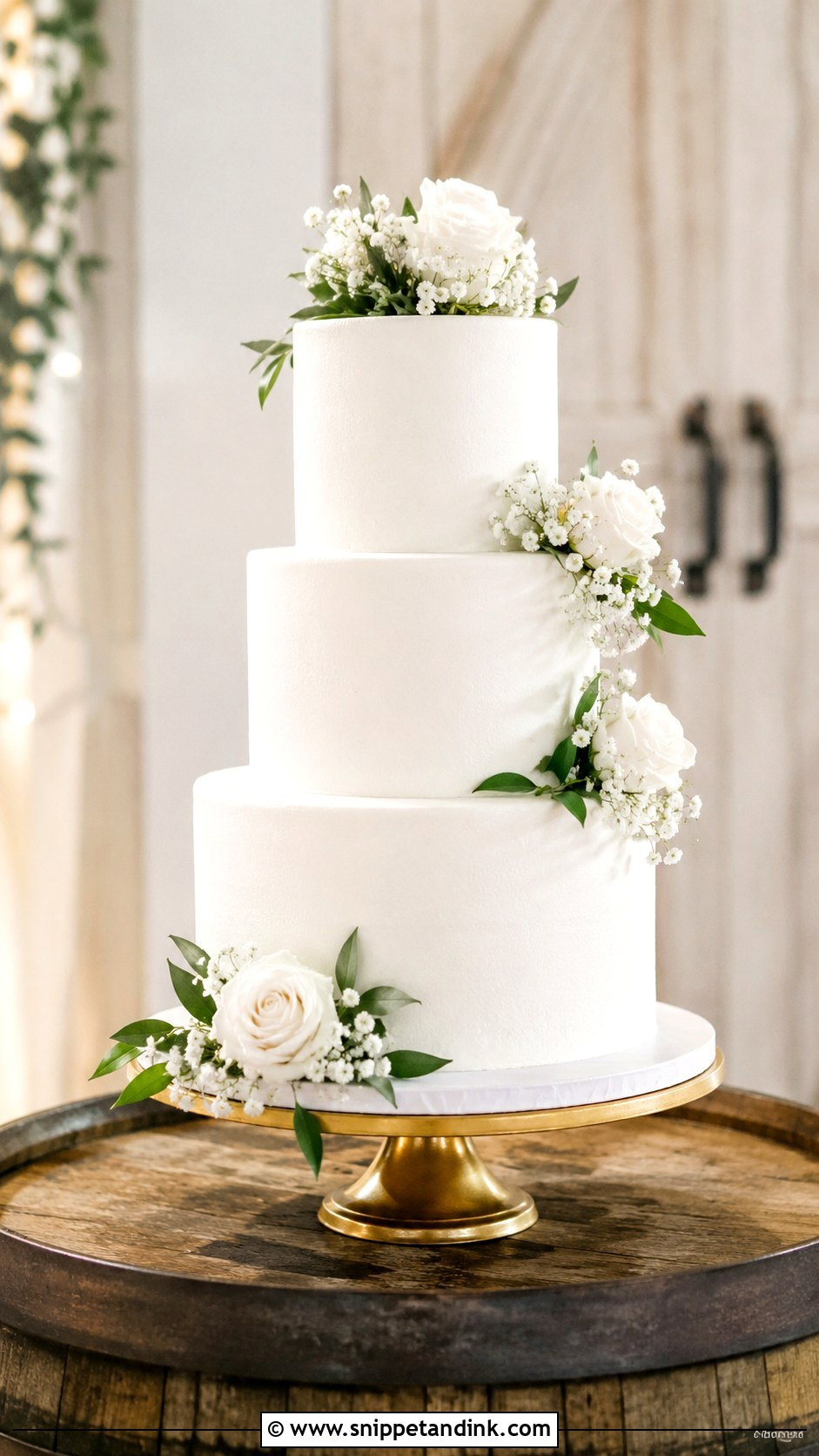 White Wedding Cake on Barrel - Snippet and Ink - 20 Wedding Cake Ideas on Barrel