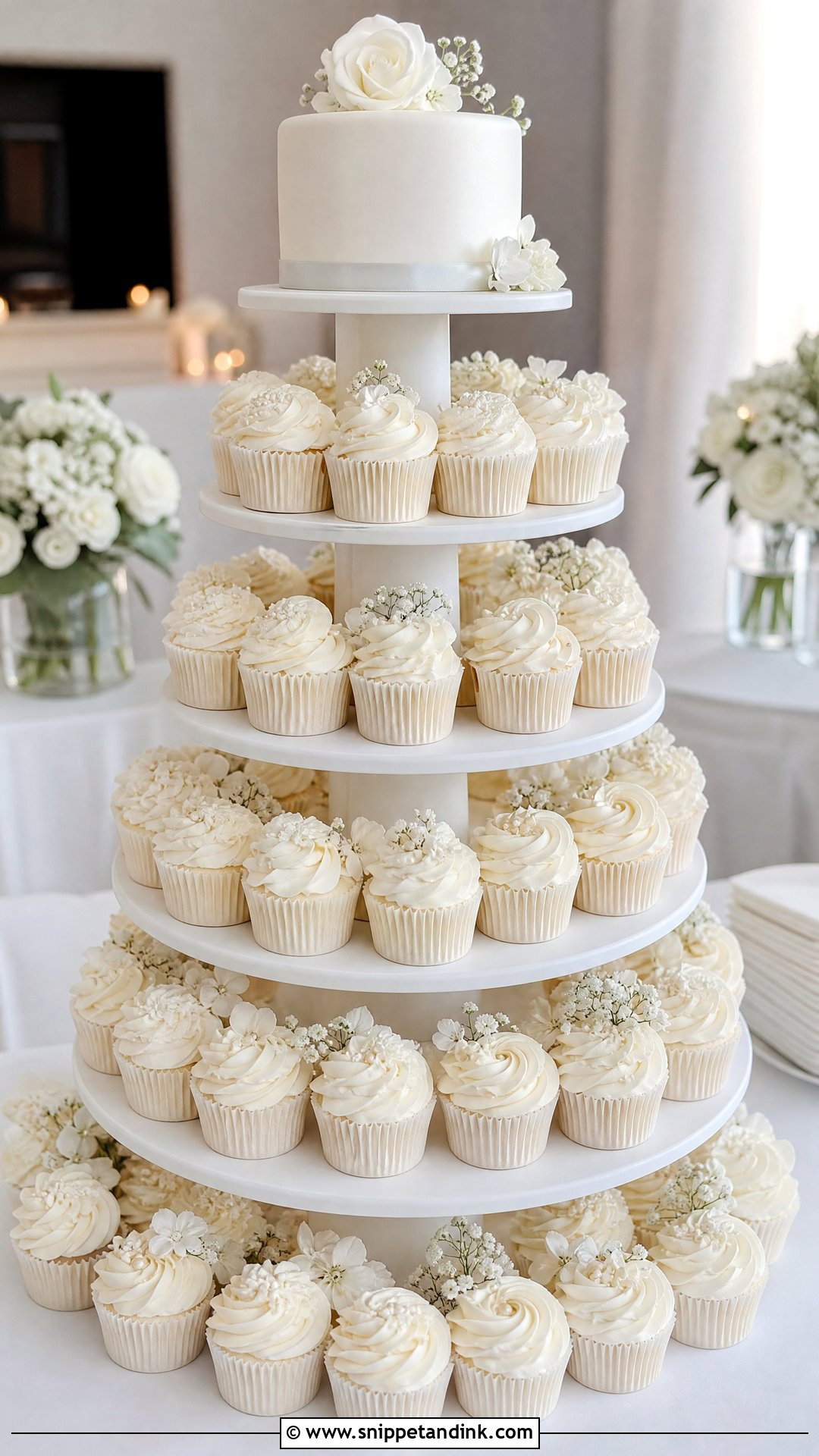 White Wedding Cupcake Tower - Snippet and Ink - 20 Wedding Cupcake Tower Ideas