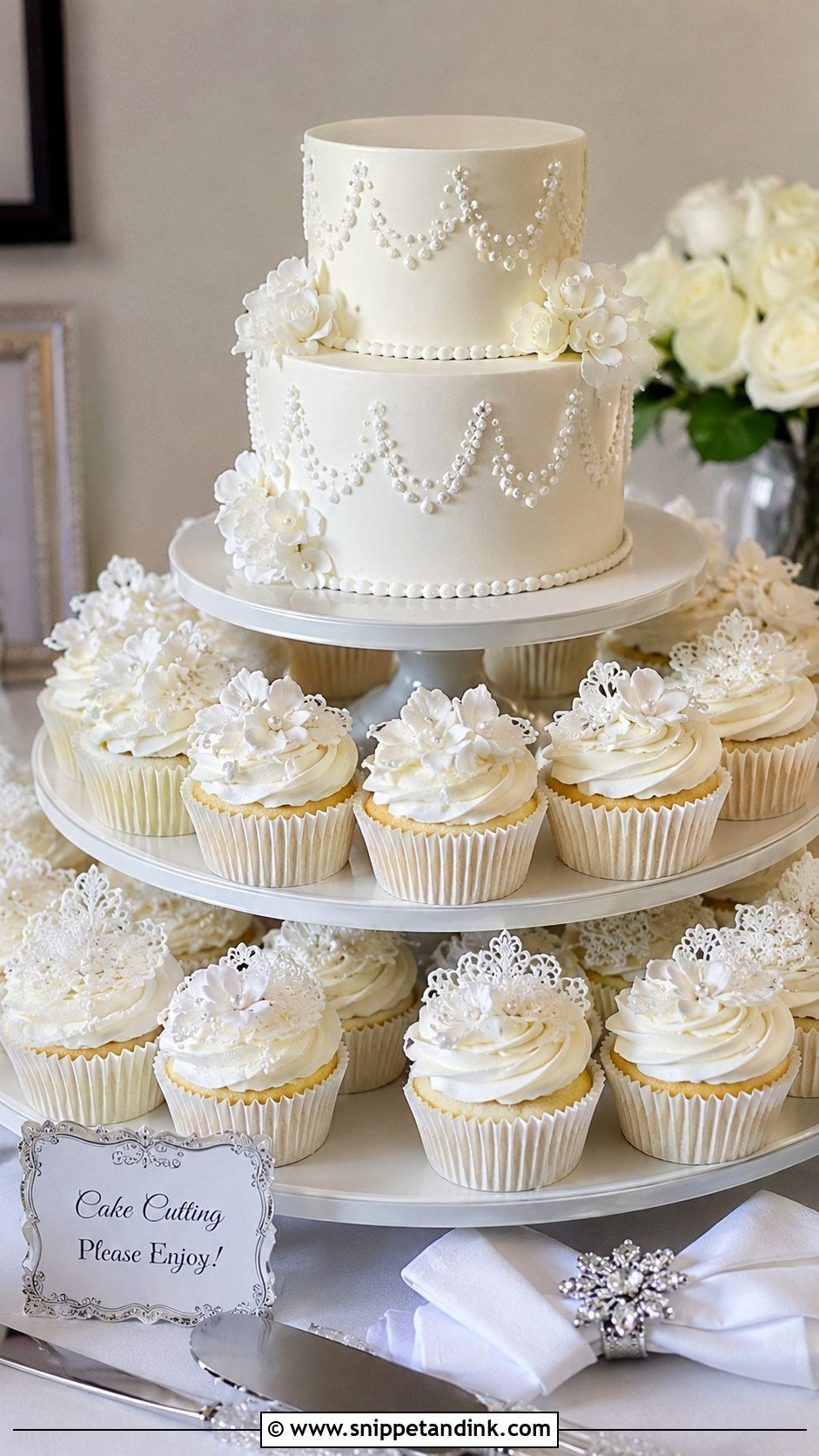 White Wedding Cupcakes With Cake Cutting Display - Snippet and Ink - 20 White Wedding Cake and Cupcakes Ideas
