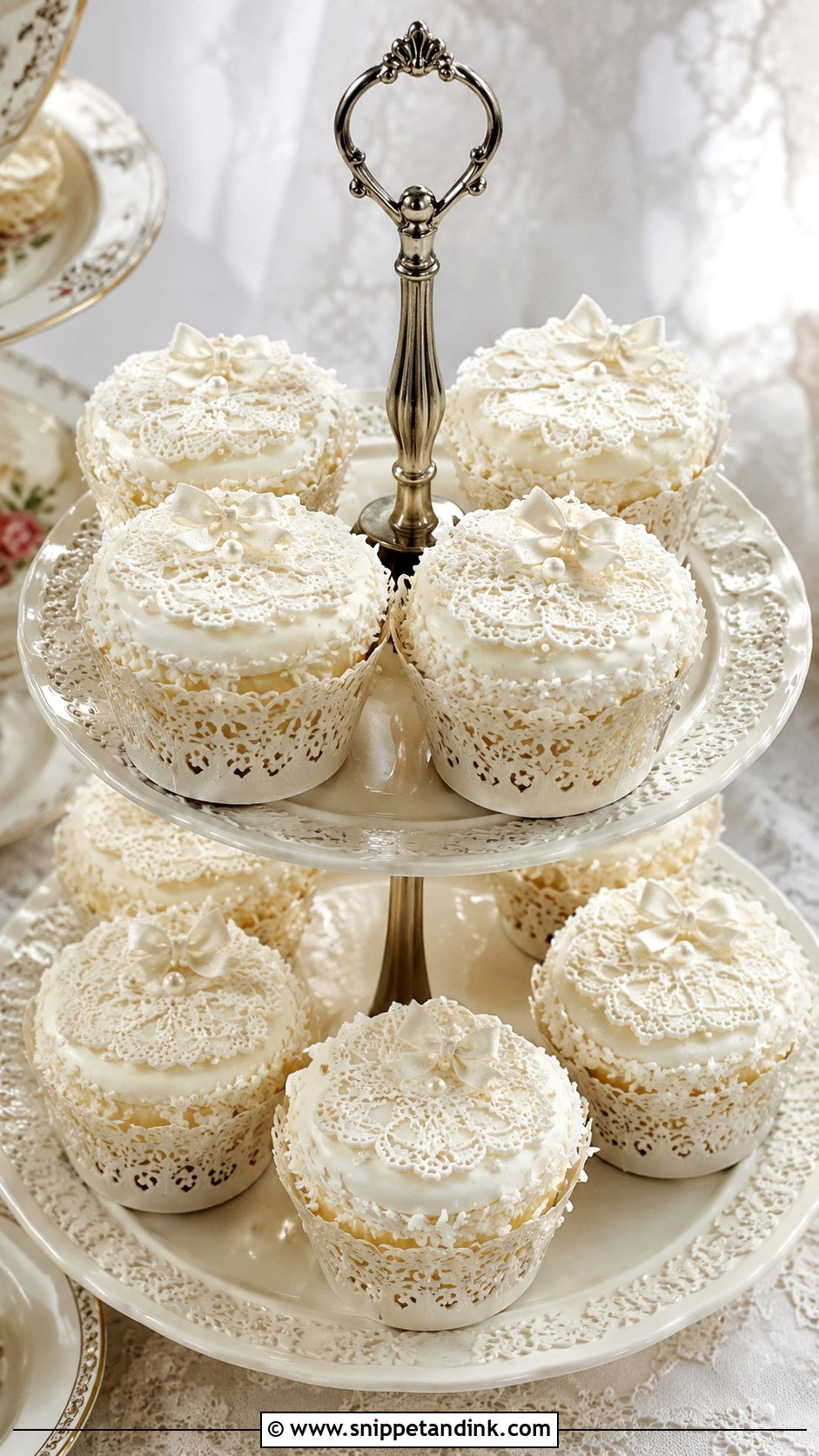 White Wedding Cupcakes With Lace Toppers - Snippet and Ink - 20 White Wedding Cake and Cupcakes Ideas