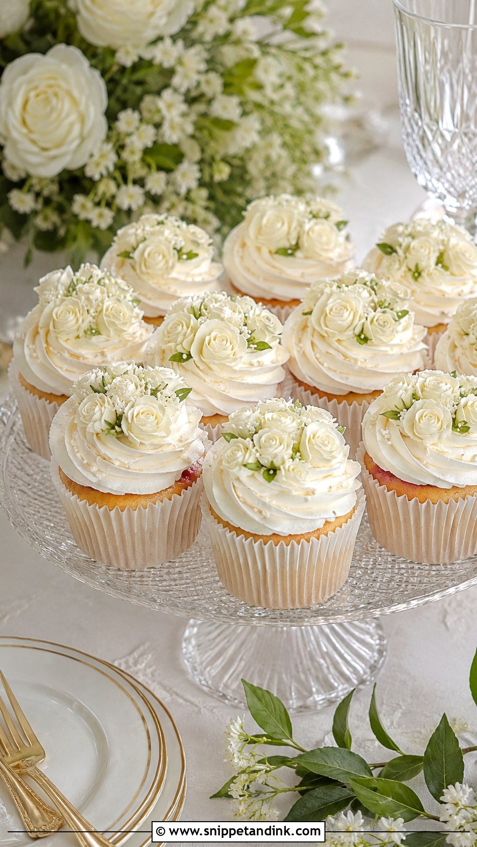 White Wedding Cupcakes With Mini Roses - Snippet and Ink - 20 White Wedding Cake and Cupcakes Ideas