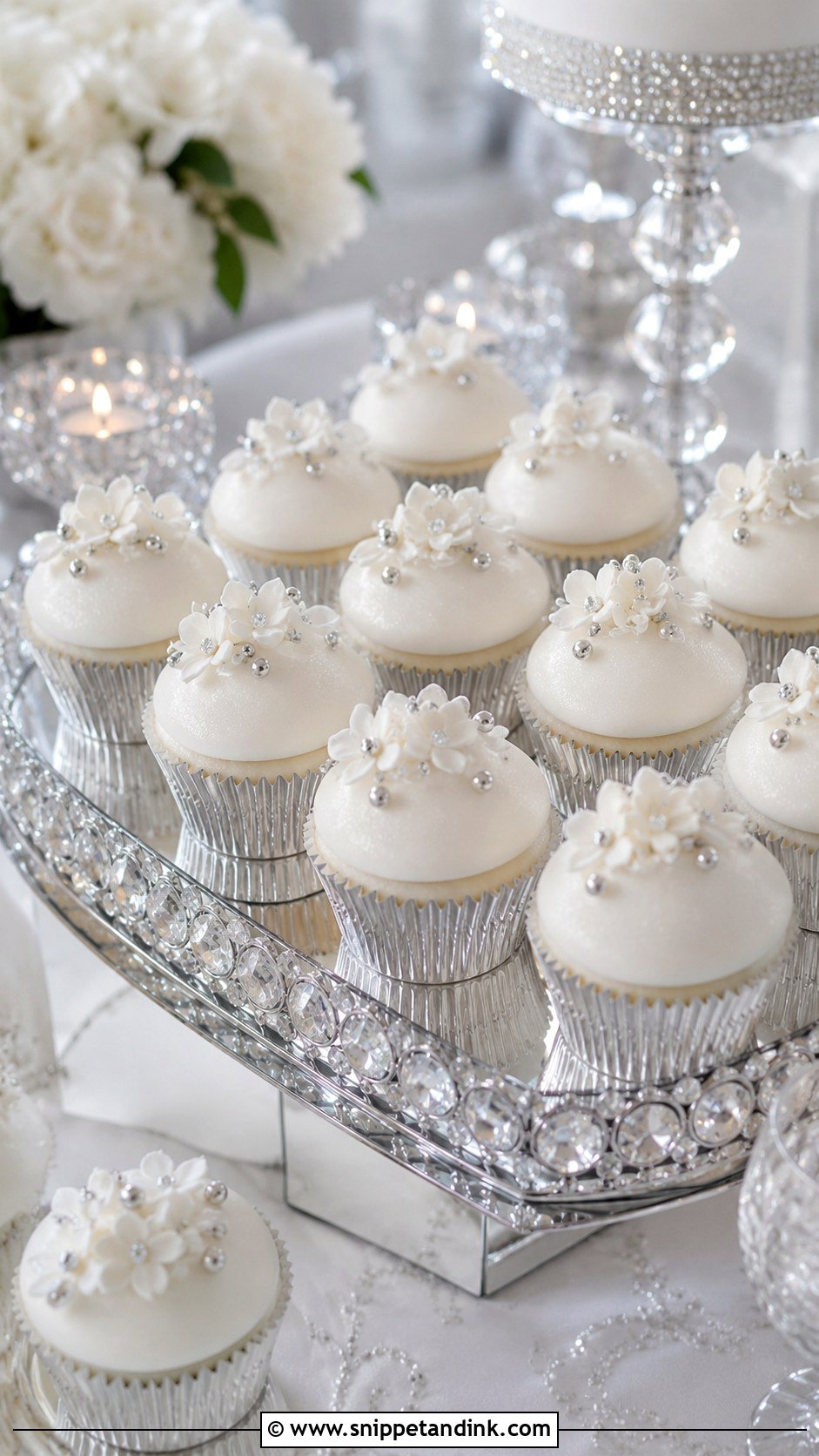 White Wedding Cupcakes With Silver Accent - Snippet and Ink - 20 White Wedding Cake and Cupcakes Ideas
