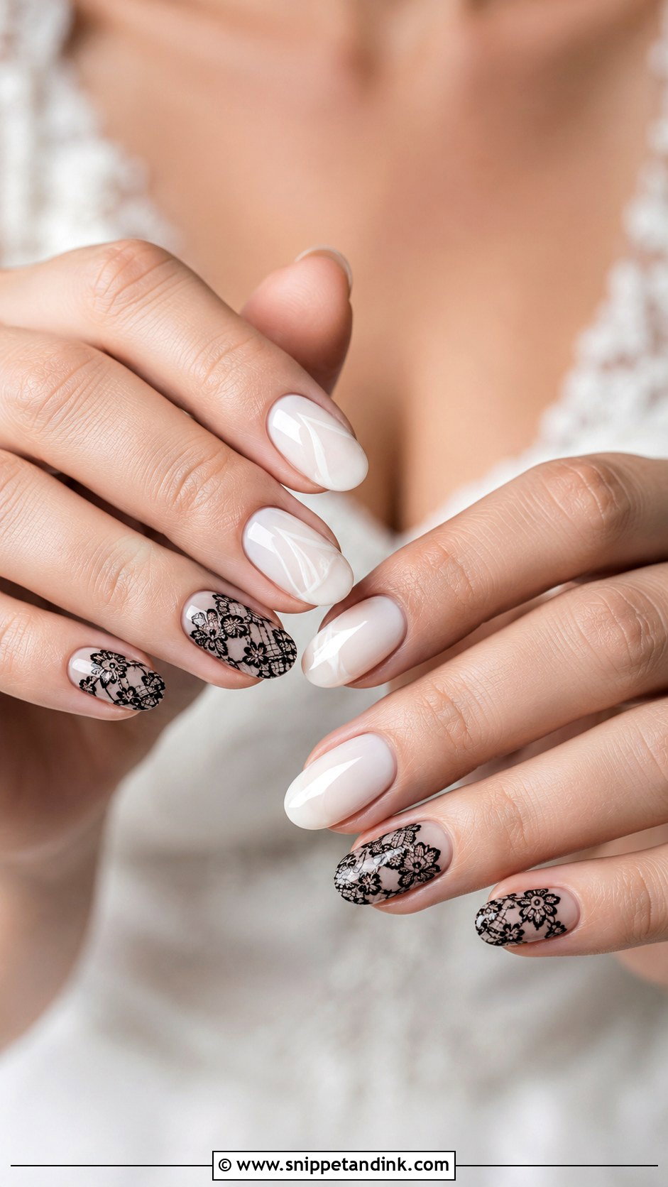 White Wedding Nails With Black Lace - Snippet and Ink - 20 Black and White Wedding Nails