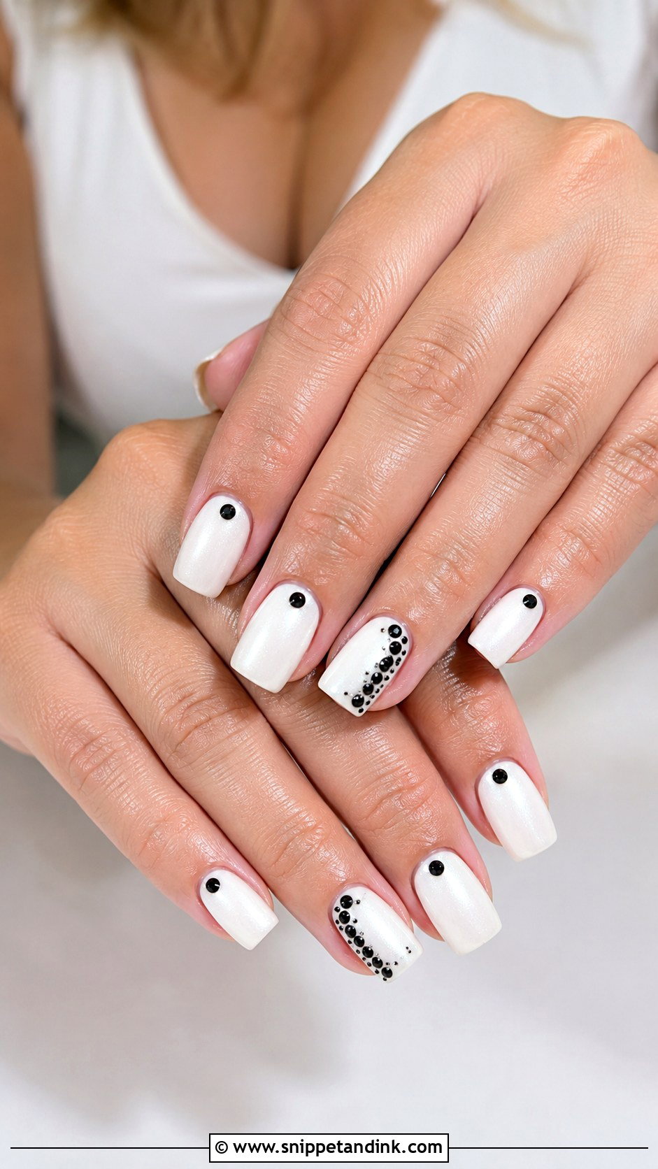 White Wedding Nails With Black Rhinestones - Snippet and Ink - 20 Black and White Wedding Nails