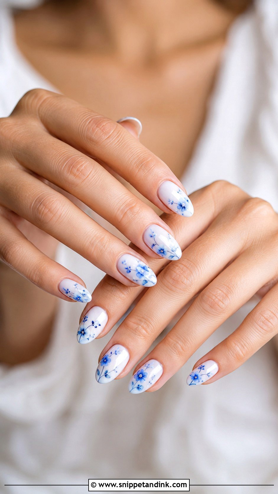 White Wedding Nails With Blue Floral Art - Snippet and Ink - 20 Blue and White Wedding Nails
