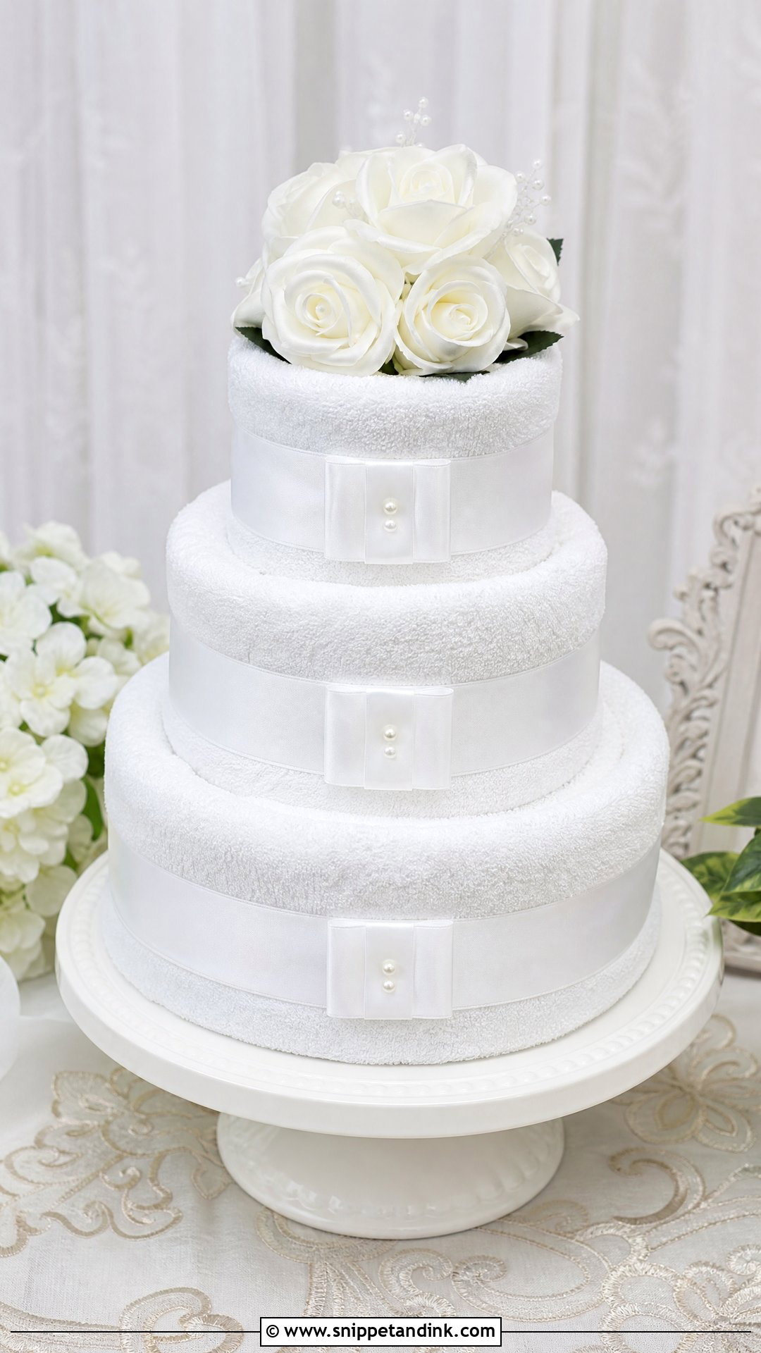 White Wedding Towel Cake - Snippet and Ink - 20 Towel Cakes for Wedding