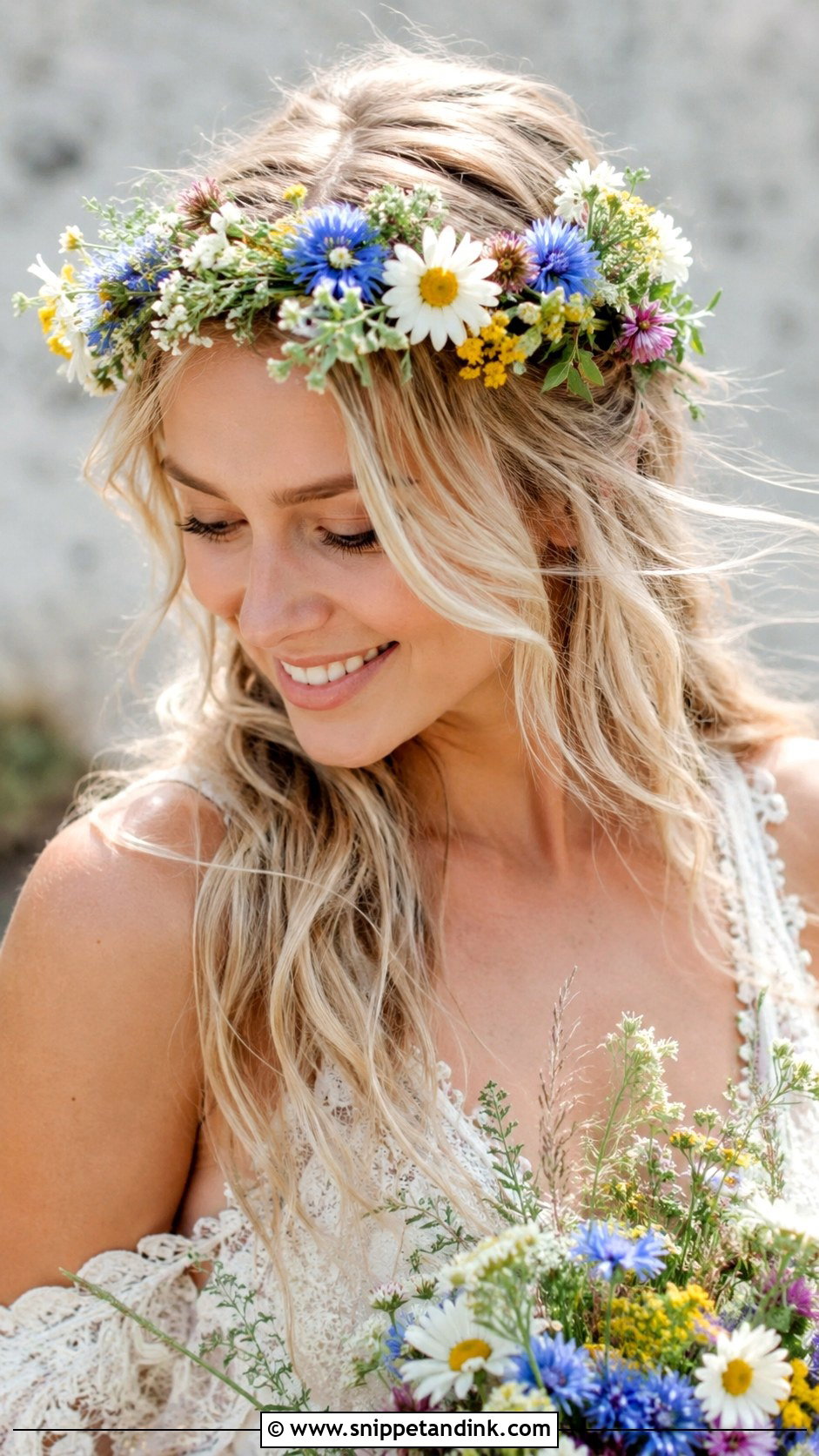 Wildflower Crown With Tousled Hair - Snippet and Ink - 20 Flower Crown Wedding Hair Ideas