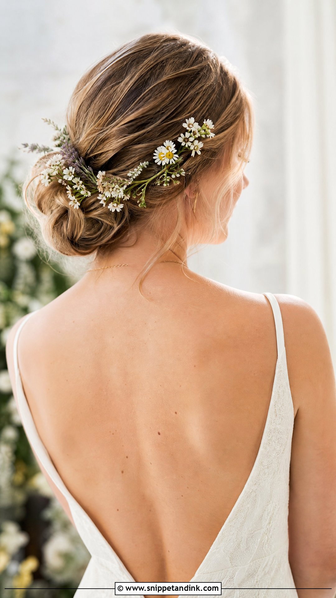 Wildflower Wedding Hair With Low Bun - Snippet and Ink - 20 Wildflower Wedding Hair Ideas