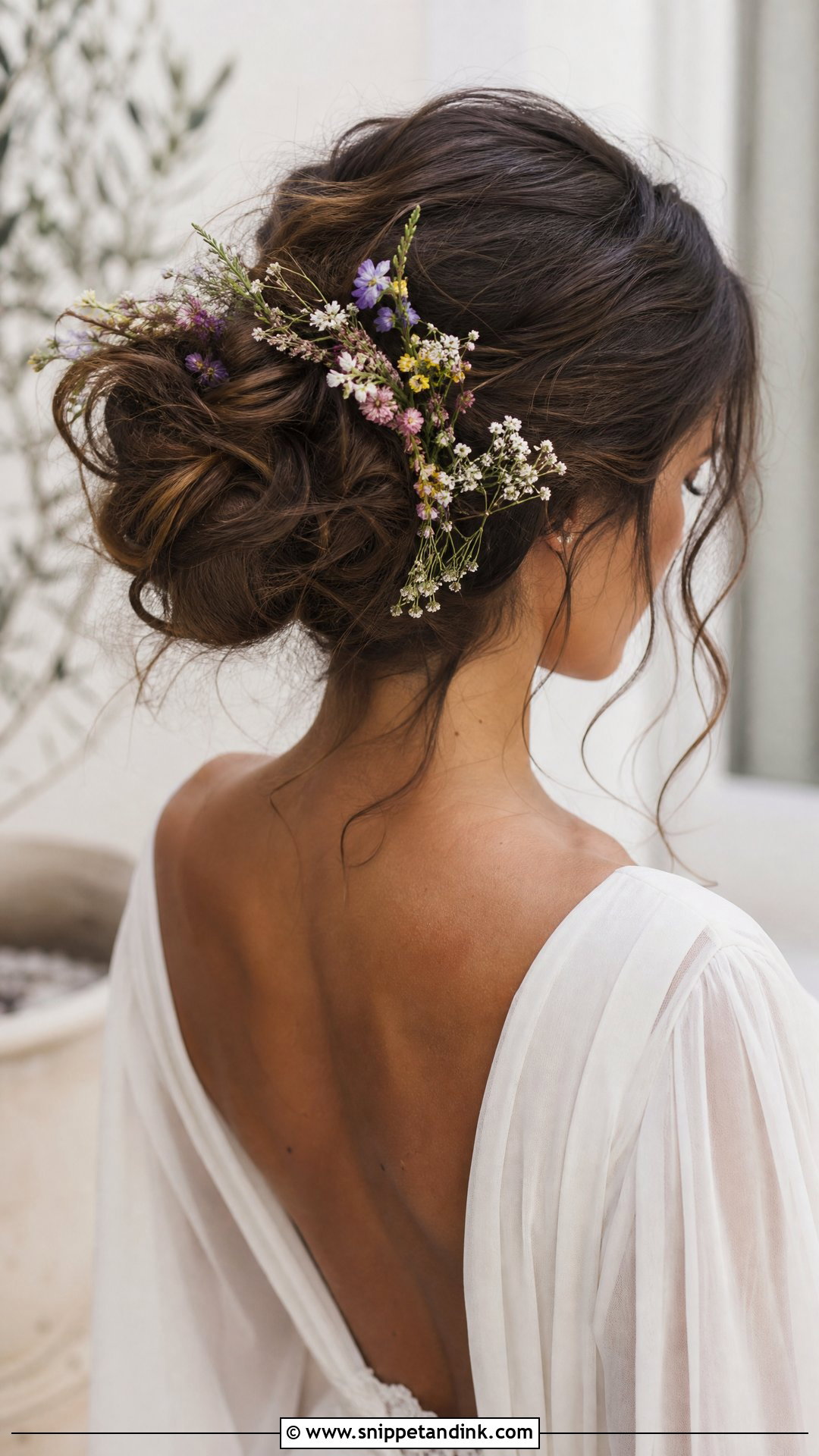 Wildflower Wedding Hair With Messy Bun - Snippet and Ink - 20 Wildflower Wedding Hair Ideas