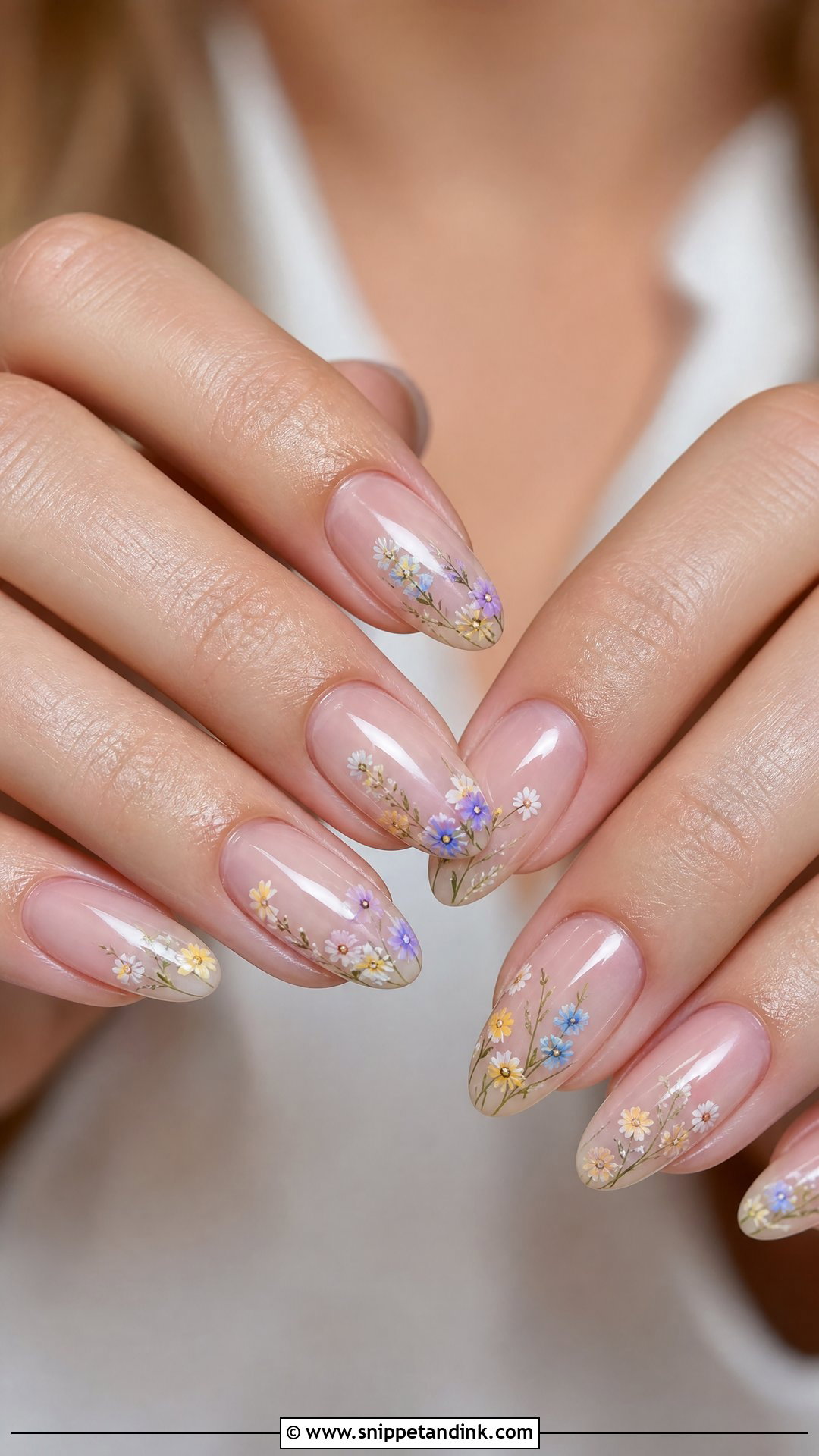 Wildflower Wedding Nails With Sheer Nude Base - Snippet and Ink - 20 Wildflower Wedding Nails