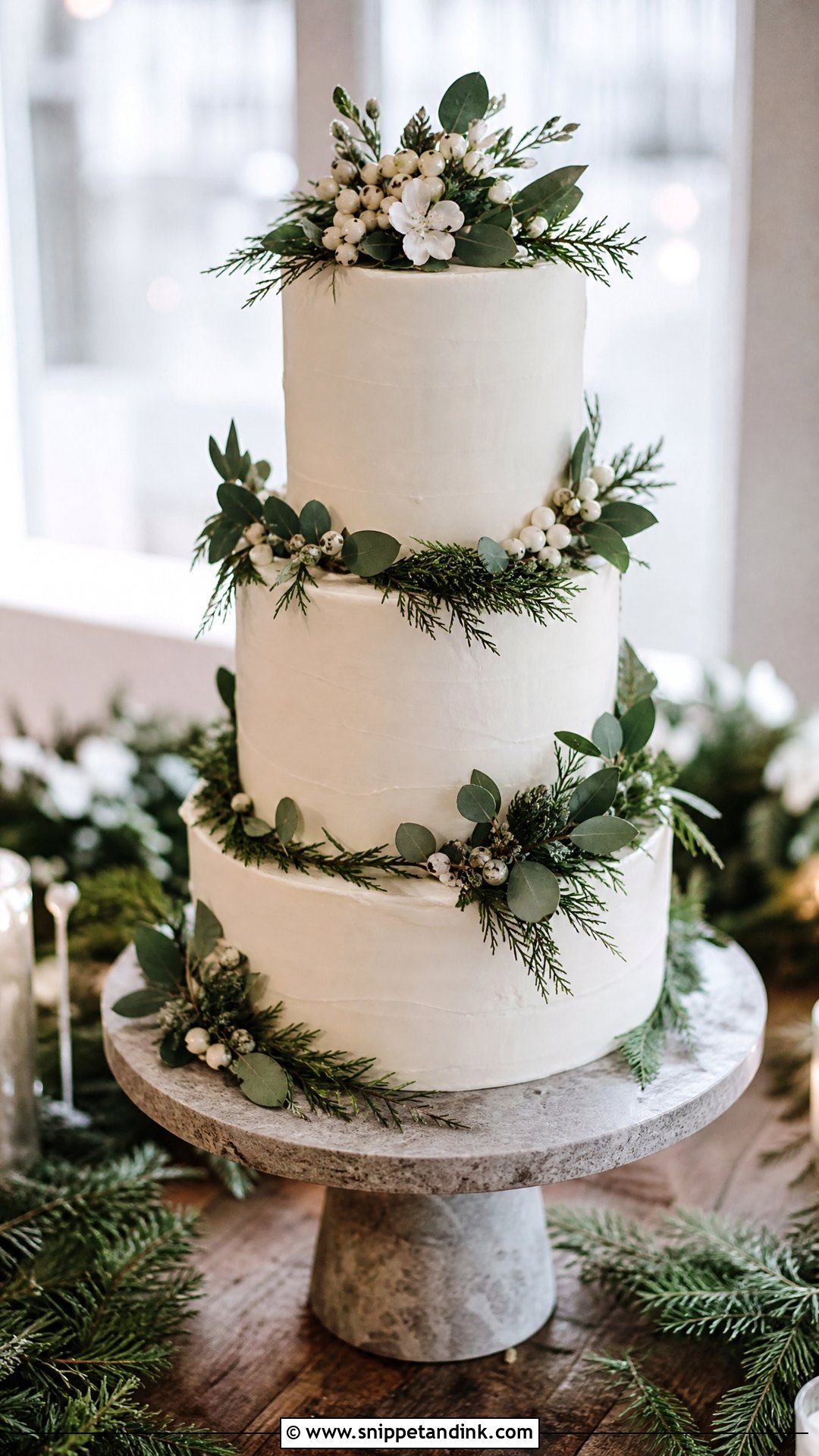 Winter Greenery Wedding Cake - Snippet and Ink - 20 Winter Wedding Cake Ideas