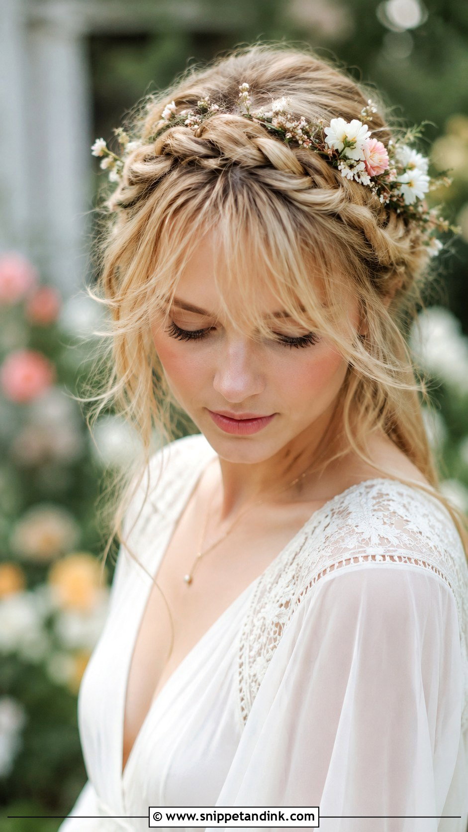 Wispy Bangs With Braided Crown - Snippet and Ink - 25 Wedding Hair Bangs Ideas