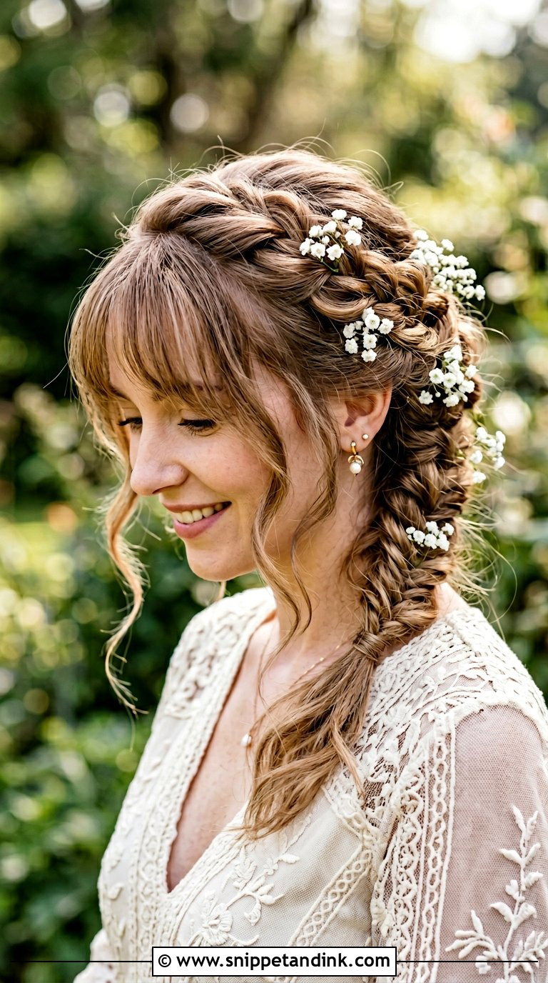 Wispy Bangs With Braided Updo - Snippet and Ink - 20 Bridal Hair Bangs Ideas