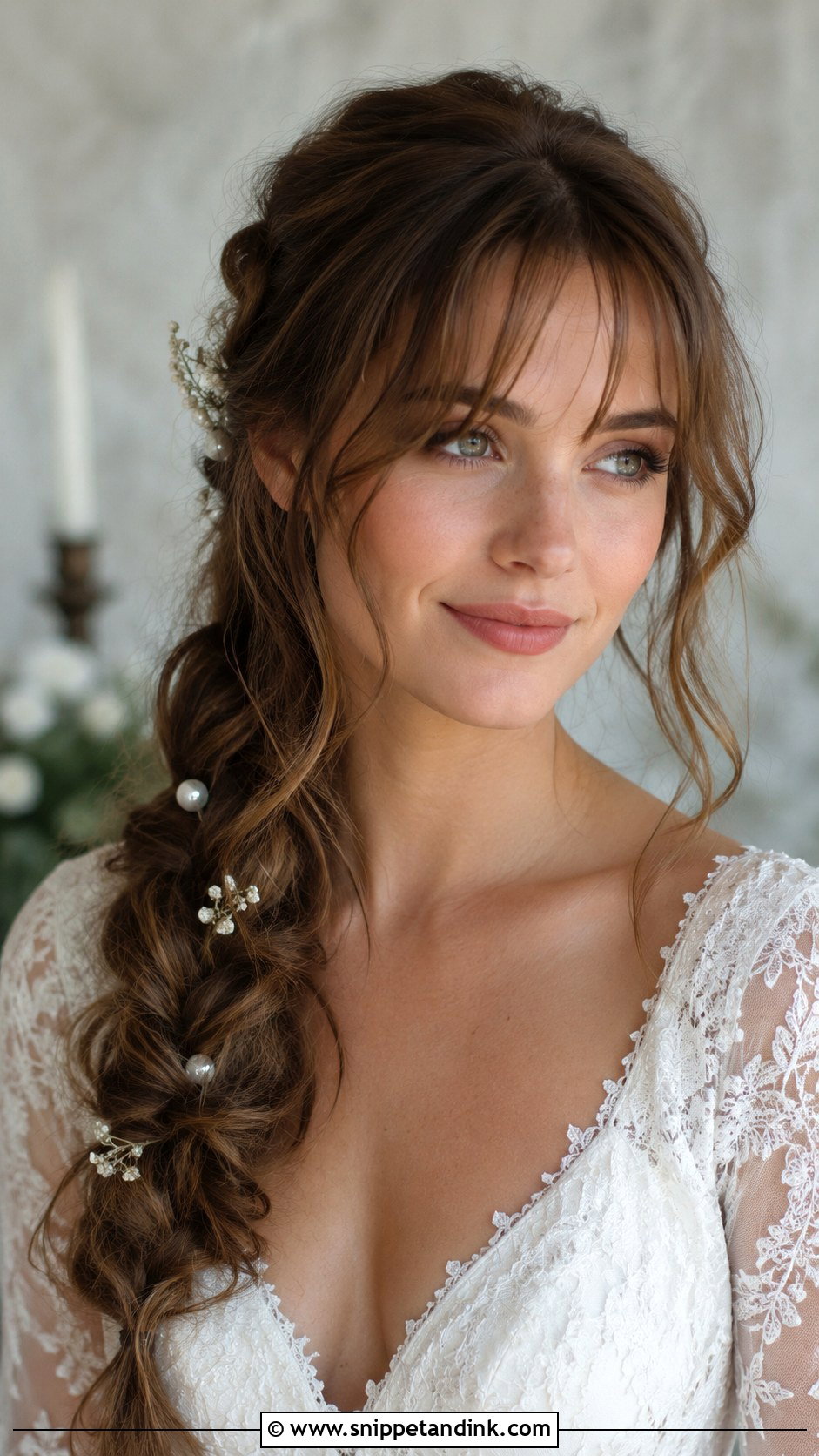 Wispy Bangs With Fishtail Braid - Snippet and Ink - 25 Bride Hairstyles with Bangs