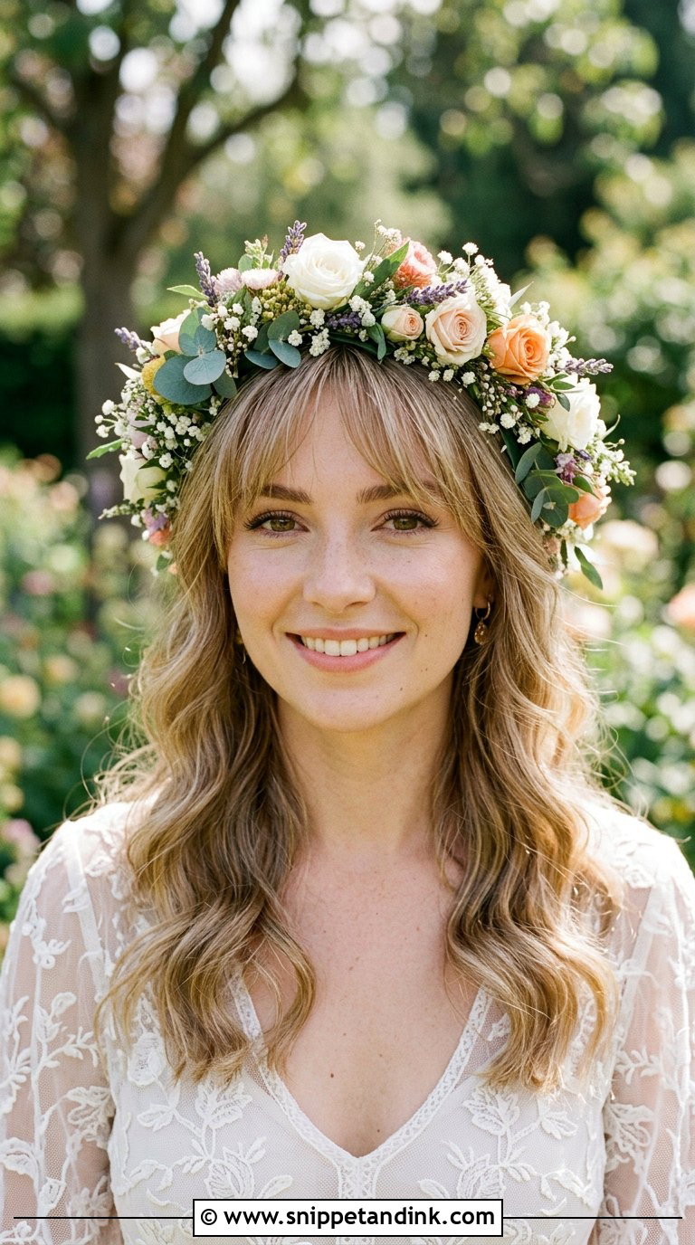 Wispy Bangs With Floral Crown - Snippet and Ink - 20 Bridal Hair Bangs Ideas