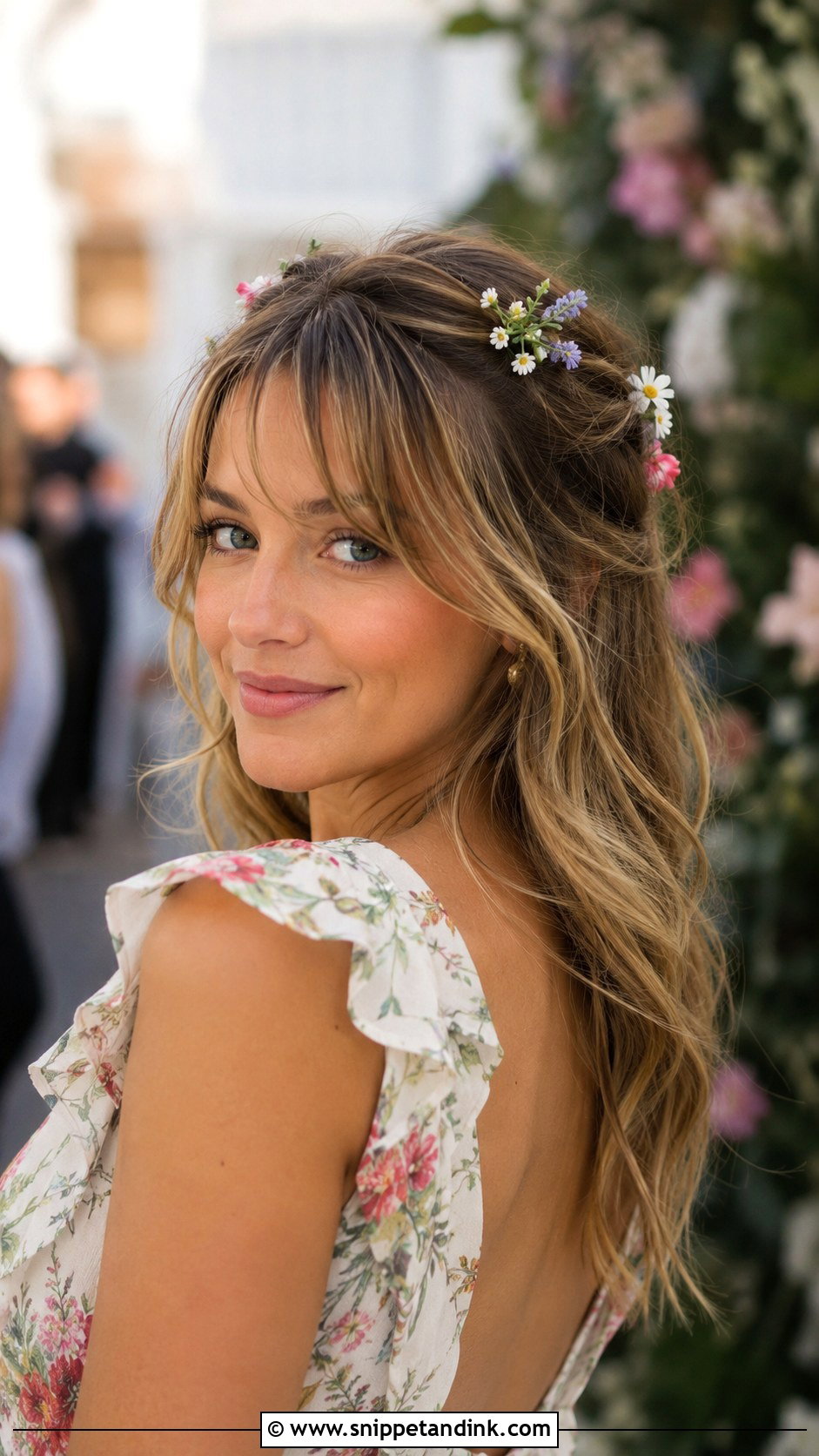 Wispy Bangs With Flower Accessories - Snippet and Ink - 20 Wedding Guest Hairstyles Bangs