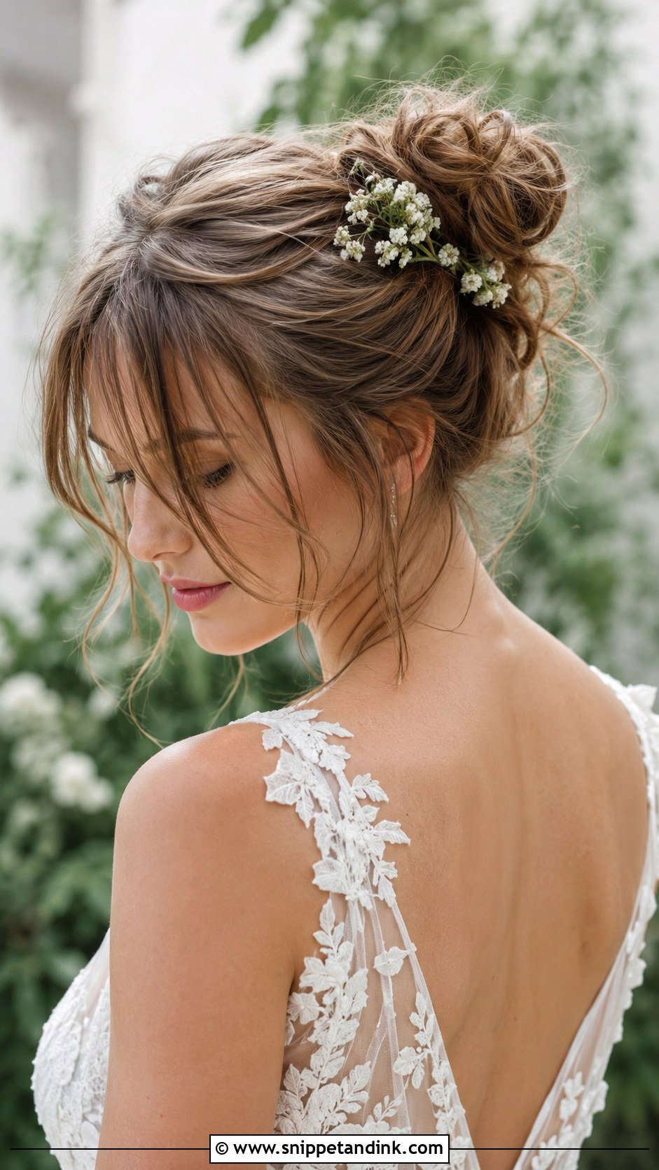 Wispy Bangs With Messy Bun - Snippet and Ink - 30 Wedding Hair with Bangs Ideas