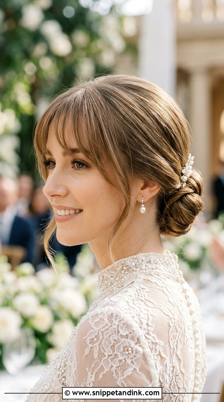 Wispy Bangs With Sleek Low Chignon - Snippet and Ink - 20 Bridal Hair Bangs Ideas