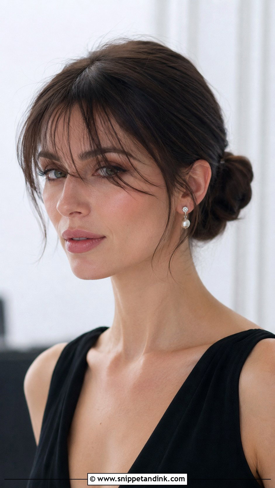 Wispy Bangs With a Low Bun - Snippet and Ink - 20 Wedding Guest Hairstyles Bangs