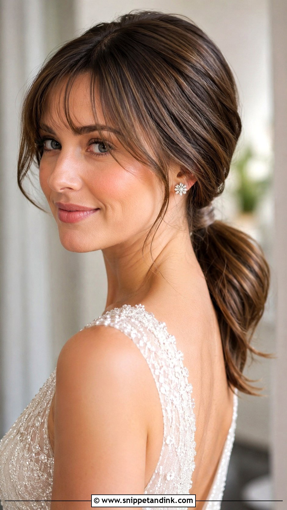 Wispy Curtain Bangs With Low Ponytail - Snippet and Ink - 25 Wedding Hair Bangs Ideas