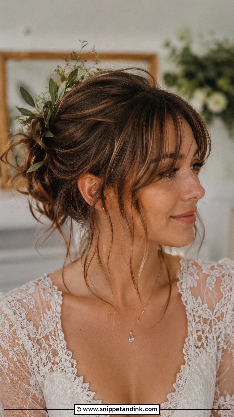 Wispy Curtain Bangs With Messy Bun - Snippet and Ink - 30 Bridal Hair with Bangs Ideas