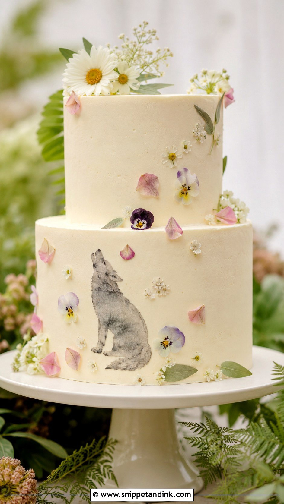 Wolf Wedding Cake With Edible Flowers - Snippet and Ink - 20 Wolf Wedding Cake Ideas