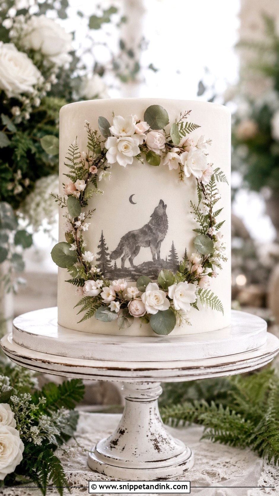 Wolf Wedding Cake With Floral Wreath - Snippet and Ink - 20 Wolf Wedding Cake Ideas