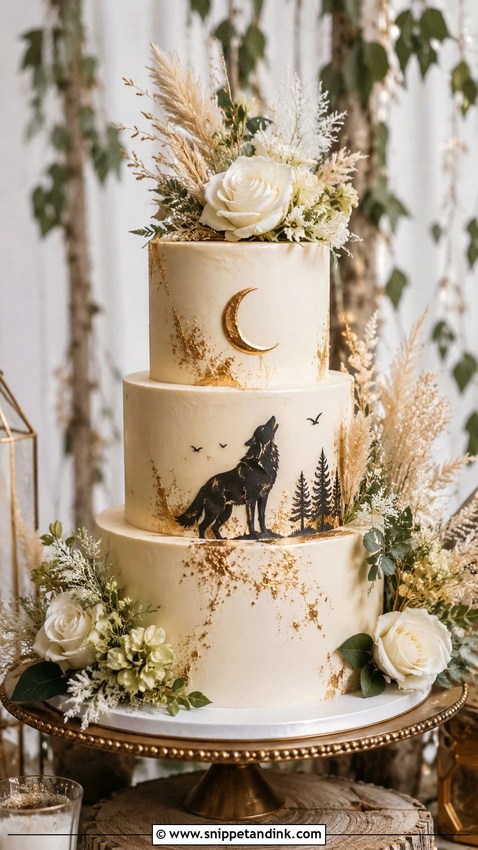 Wolf Wedding Cake With Gold Accents - Snippet and Ink - 20 Wolf Wedding Cake Ideas