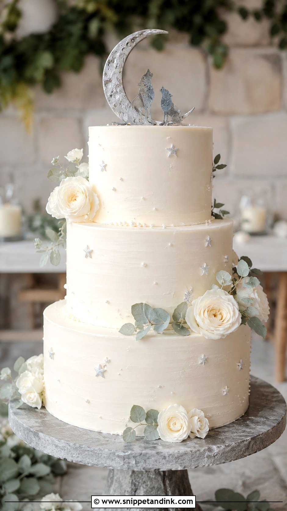 Wolf Wedding Cake With Moon Topper - Snippet and Ink - 20 Wolf Wedding Cake Ideas