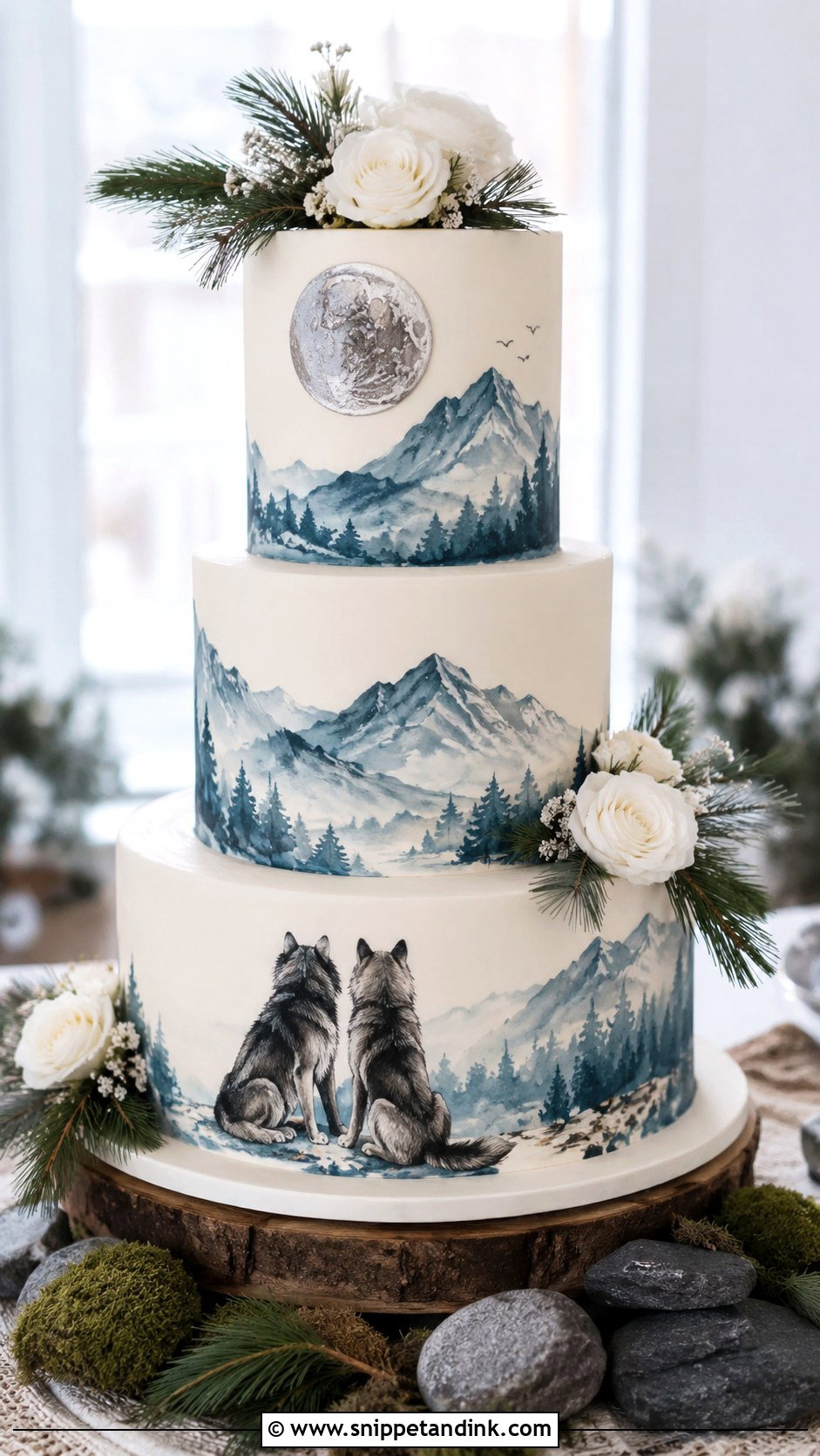 Wolf Wedding Cake With Mountain Scene - Snippet and Ink - 20 Wolf Wedding Cake Ideas