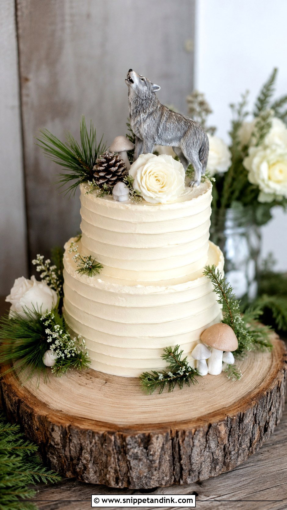 Wolf Wedding Cake With Rustic Wood Stand - Snippet and Ink - 20 Wolf Wedding Cake Ideas
