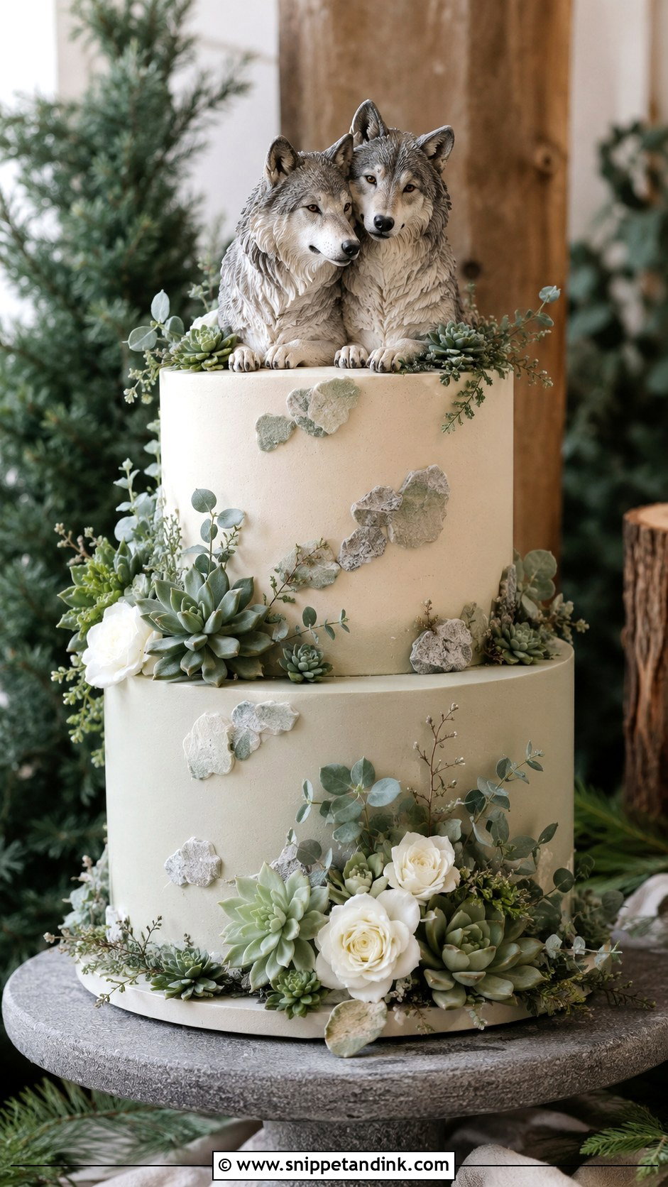 Wolf Wedding Cake With Succulents - Snippet and Ink - 20 Wolf Wedding Cake Ideas