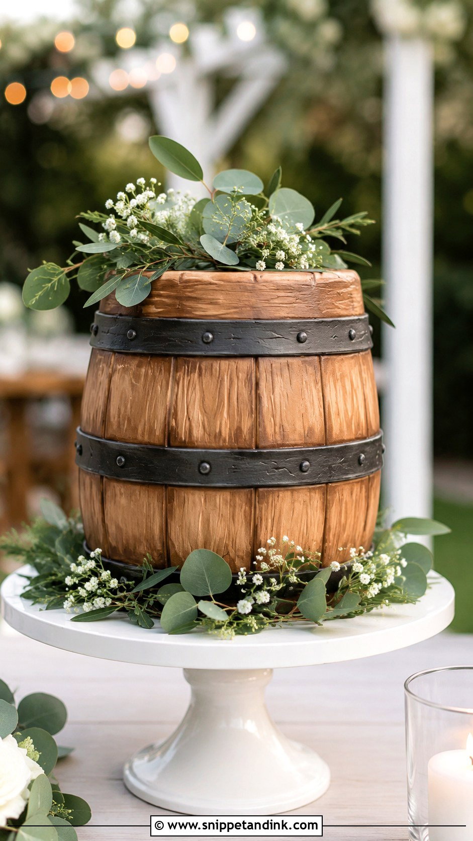 Wooden Barrel Wedding Cake With Greenery - Snippet and Ink - 20 Barrel Cake Design Ideas for Wedding