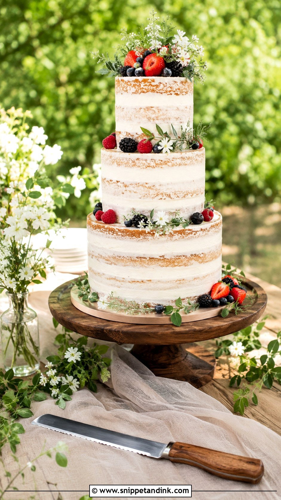 Wooden Handle Wedding Cake Knife With Naked Cake - Snippet and Ink - 30 Wedding Cake Knife Decoration Ideas