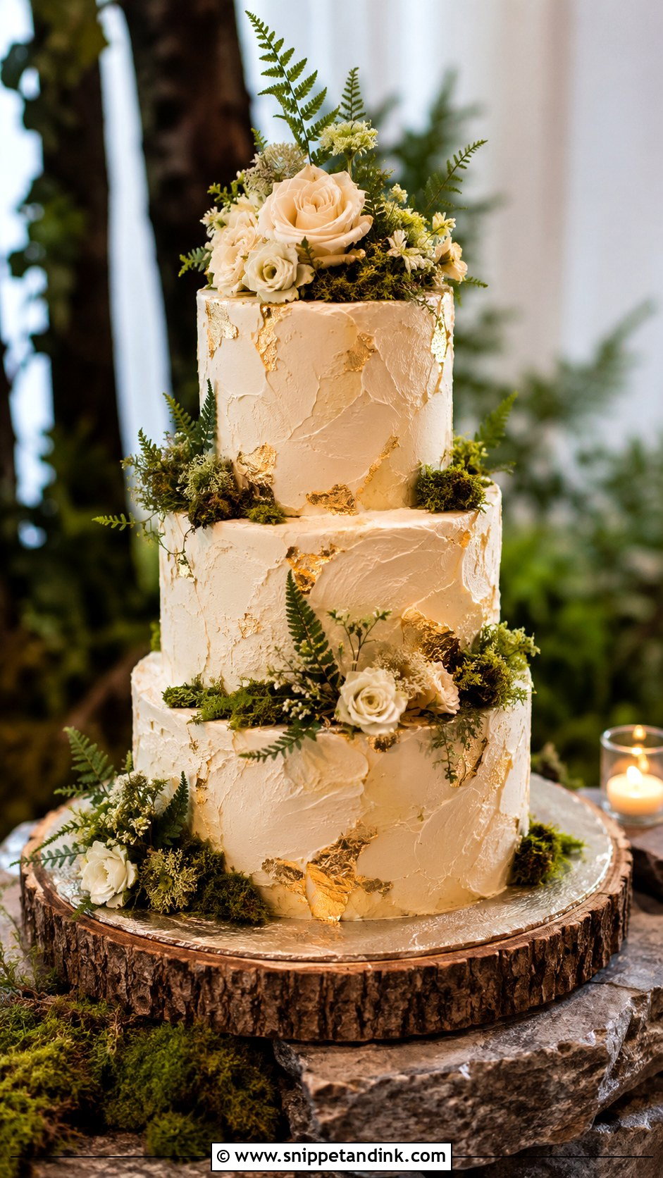 Woodland Wedding Cake With Gold Leaf - Snippet and Ink - 20 Woodland Themed Wedding Cake Ideas