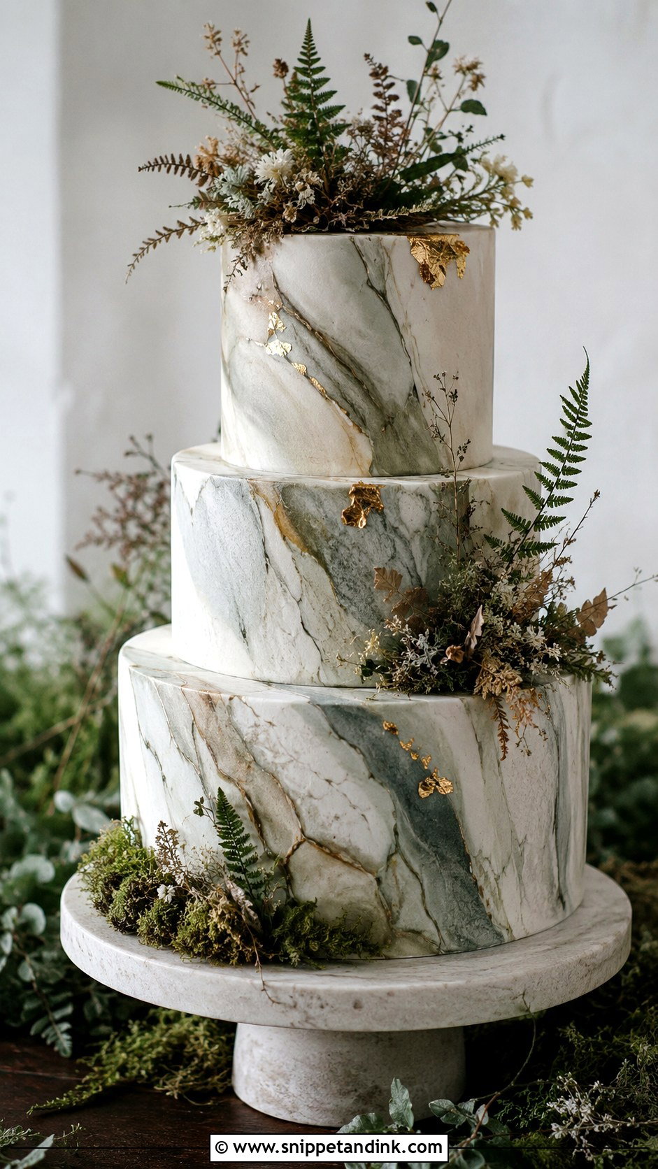 Woodland Wedding Cake With Marble - Snippet and Ink - 20 Woodland Themed Wedding Cake Ideas