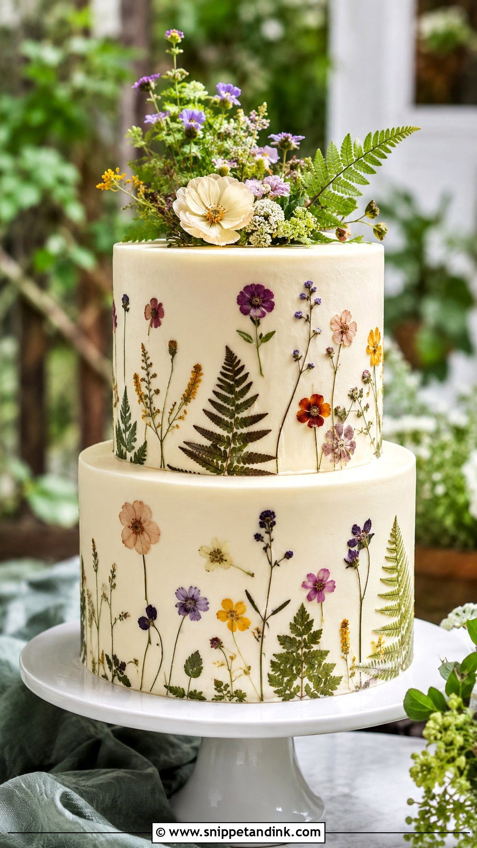 Woodland Wedding Cake With Pressed Flowers - Snippet and Ink - 20 Woodland Themed Wedding Cake Ideas