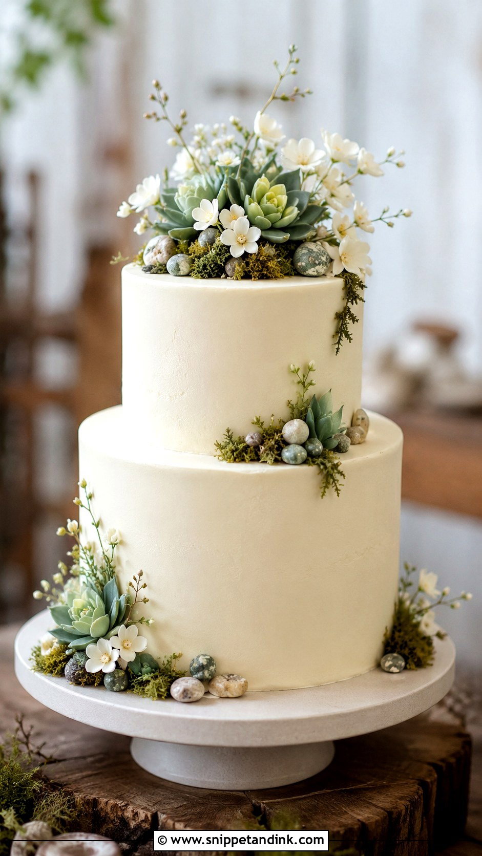 Woodland Wedding Cake With Succulents - Snippet and Ink - 20 Woodland Themed Wedding Cake Ideas